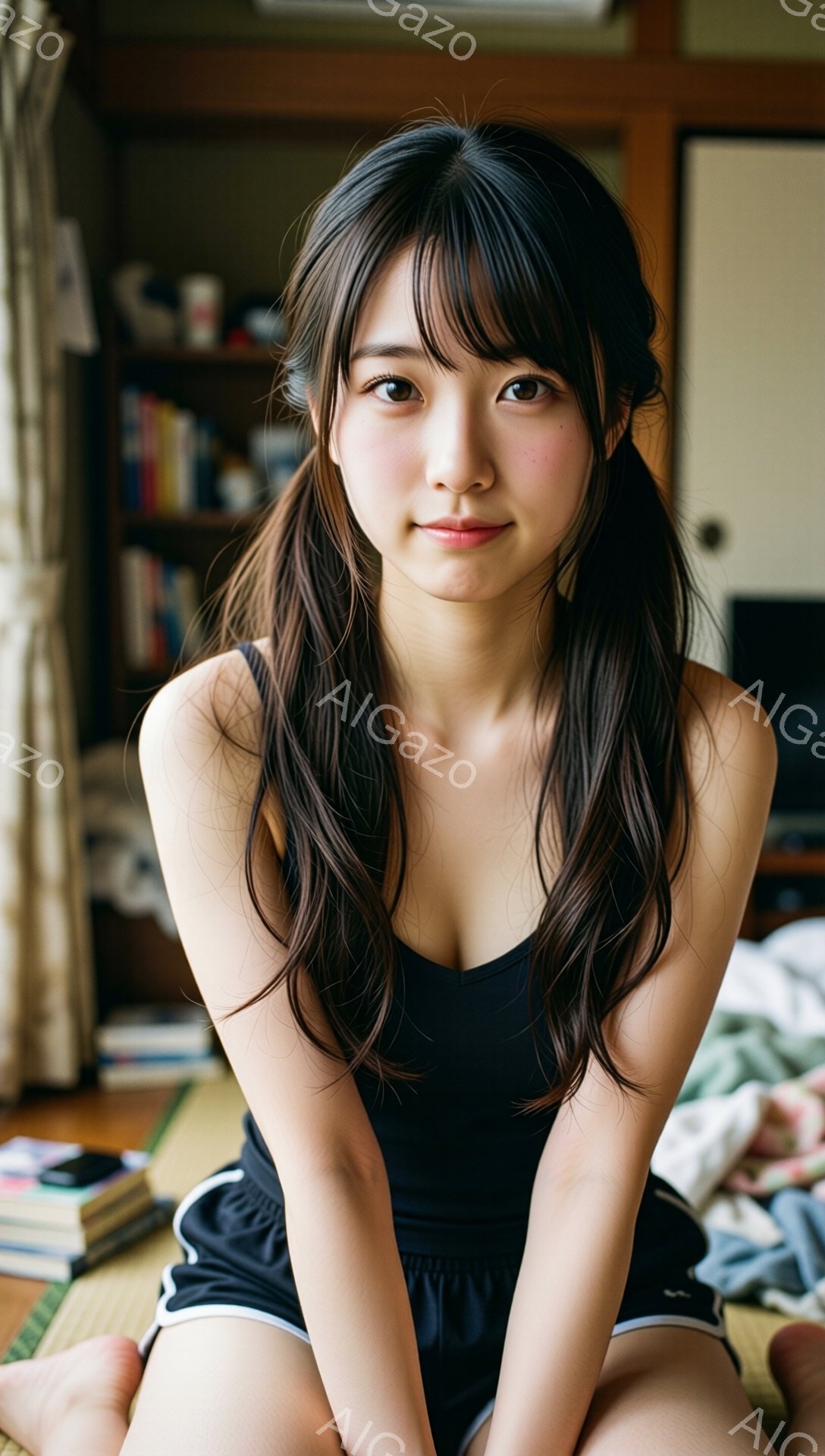 長い黒髪を肩のあたりで左右に分けてハーフアップにした若い女性が写っています。黒いタンクトップと黒いショートパンツ姿で、穏やかな微笑みを浮かべ、カメラの方を見ています。背景には畳の部屋と本棚が見え、リラックスした家庭的な雰囲気が漂っています。