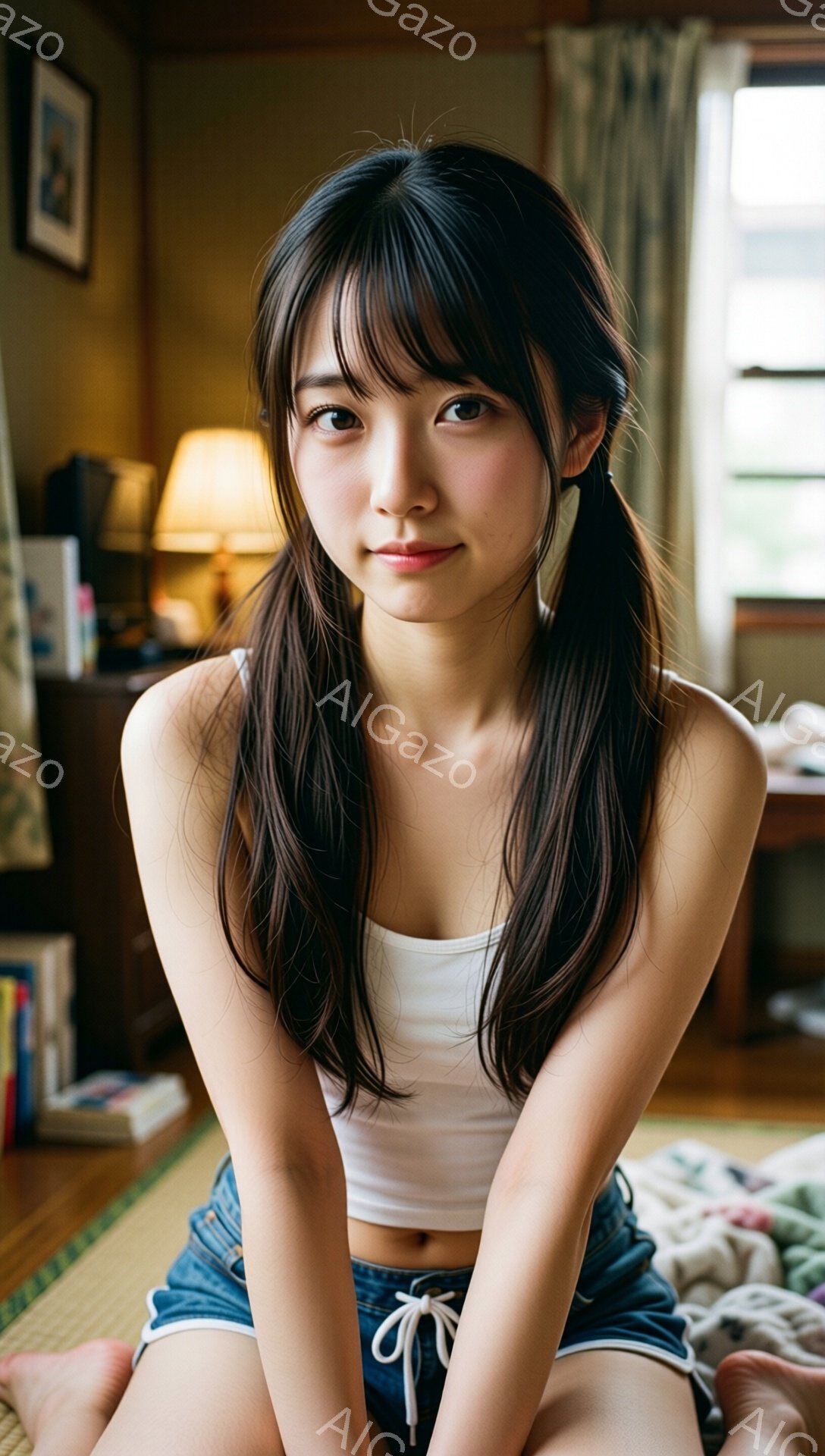 長い黒髪をハーフアップにし、白いタンクトップとデニムのショートパンツを着た若い女性が座っています。彼女は穏やかな表情でカメラを見つめ、リラックスした雰囲気です。背景には畳の部屋と窓から差し込む自然光が見え、落ち着いた和の空間が演出されています。