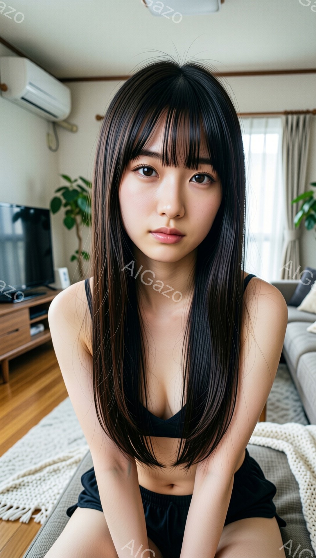 長い黒髪の女性が、黒いキャミソールとショートパンツを着用し、ソファに座ってこちらを見ています。彼女の表情は穏やかで、少し微笑んでいるように見えます。背景には木製のテレビ台、植物、そして窓から差し込む自 - AI生成フリー素材