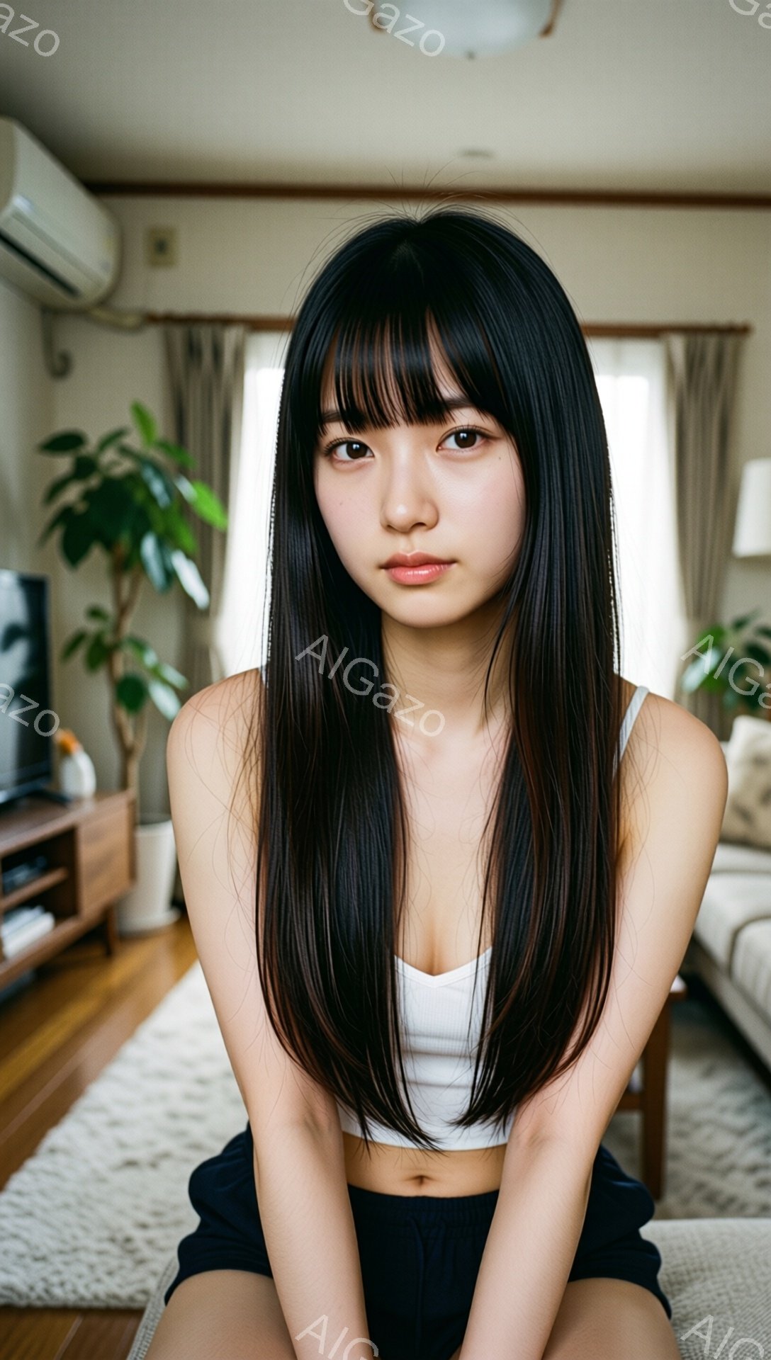 長い黒髪の女性が、白いタンクトップと黒いショートパンツを着て、膝を抱えて座っています。彼女は正面を見据え、わずかに微笑んでいます。背景はリビングルームで、白いソファや観葉植物が見え、全体的に明るく穏や - AI生成フリー素材