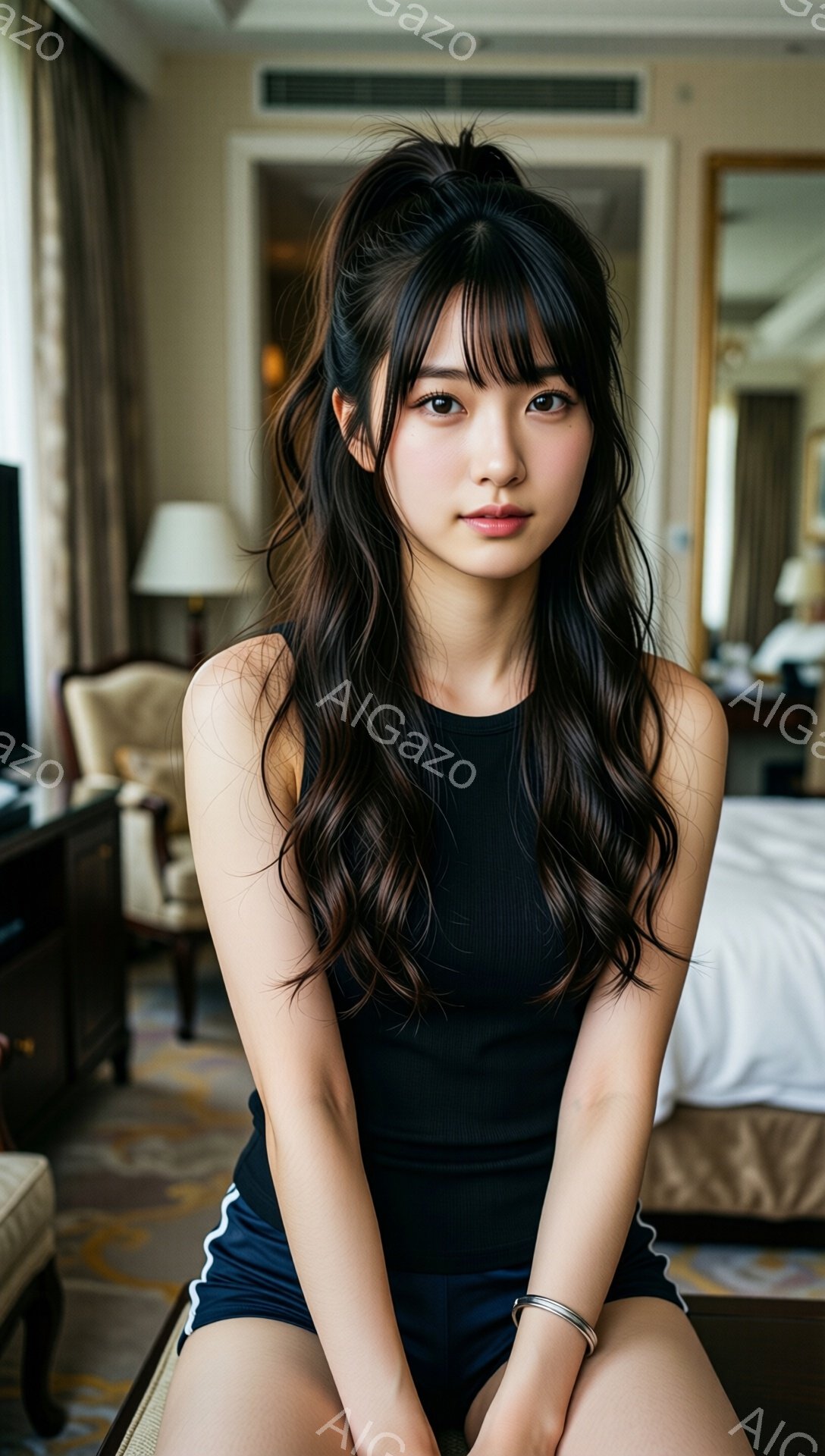 黒いタンクトップとショートパンツを着た若い女性が、明るい室内で座っています。彼女は長い茶色の髪を無造作に後ろでまとめており、穏やかな微笑みを浮かべています。背景には、装飾的な家具とベッドが見え、全体的に落ち着いた雰囲気です。