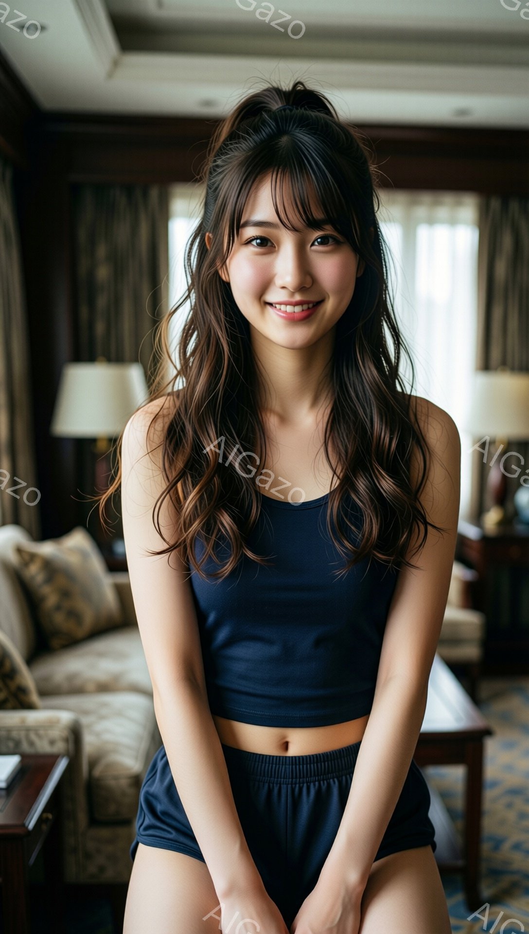 長い茶色の髪をハーフアップにし、笑顔を見せている若い女性が写っています。彼女は紺色のクロップド丈のトップスとショーツを身に着けており、少し腰に手を当てて立っています。背景には、ベージュのソファとテーブ - AI生成フリー素材