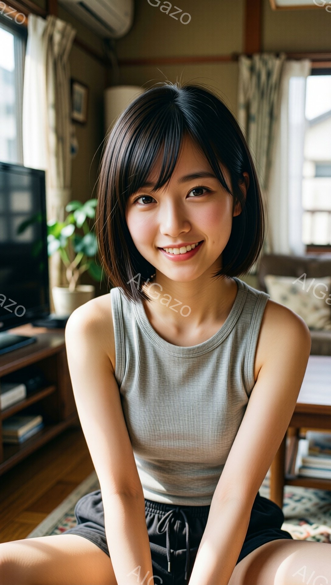 ショートヘアの女性が、明るいリビングでこちらを見て微笑んでいます。彼女はグレーのタンクトップと黒のショーツを着用しており、リラックスした姿勢で座っています。背景には、木製の棚、植物、そしてベージュ系のソファが見え、全体的に穏やかで温かい雰囲気です。