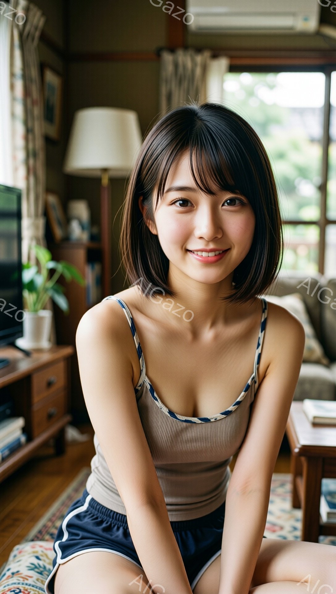 明るい室内で、短い茶色の髪をした若い女性が微笑んでいます。ベージュのキャミソールと紺色のショートパンツを着て、膝を曲げて座っています。背景には木製の家具、観葉植物、そして明るい光が差し込む窓が見え、リラックスした家庭的な雰囲気が漂っています。