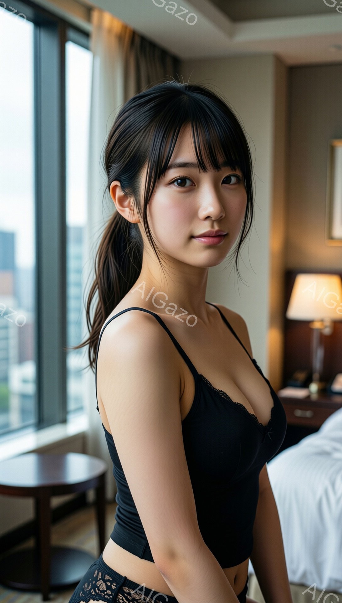 黒髪をハーフアップにした若い女性が、黒いレースのキャミソールとショーツ姿で室内で立っている。彼女は少し微笑んでおり、リラックスした雰囲気でカメラを見ている。背景には、窓から見える高層ビル群と、ホテルの客室のベッドやサイドテーブルが見える。
