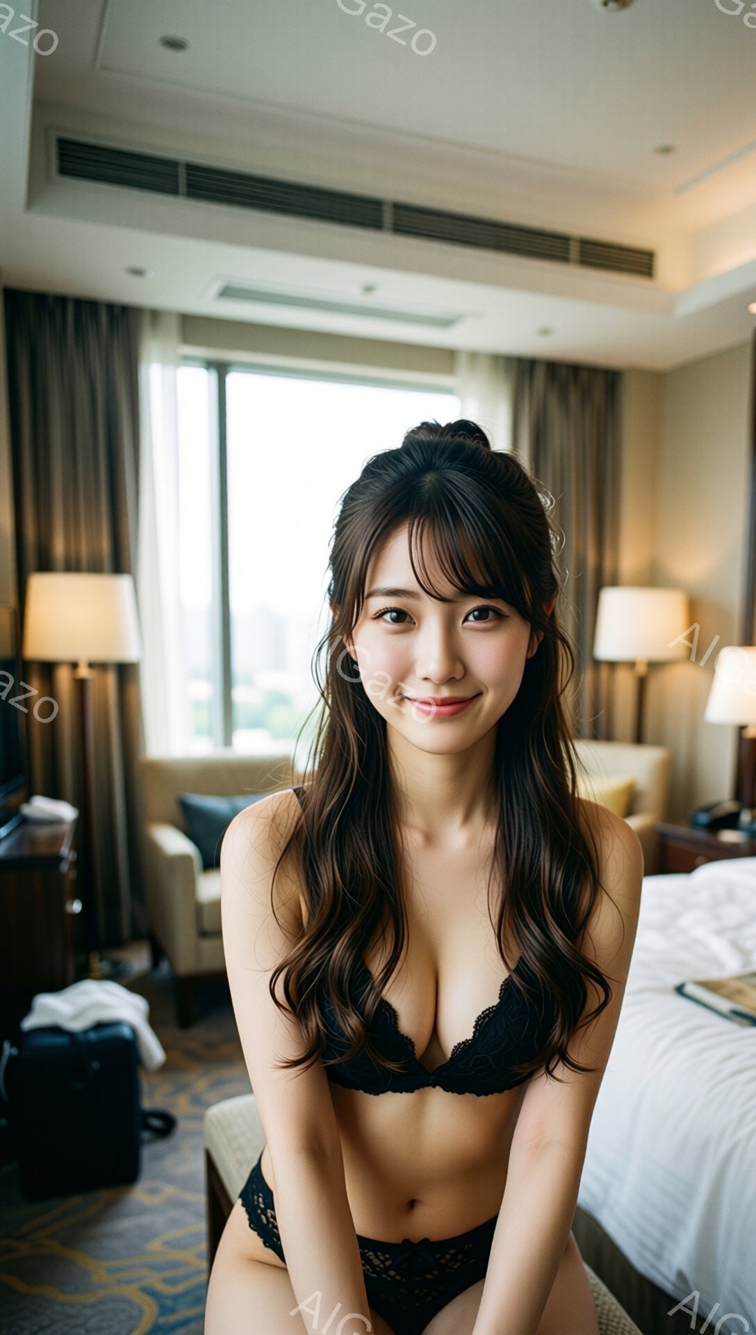 茶髪でウェーブのかかった髪を肩まで垂らし、前髪は少しふさふさとしている女性が写っています。黒いレースのブラとショーツ姿で、椅子に座り、カメラに向かって微笑んでいます。背景には、大きな窓から見える都市の景色と、ベージュと茶色の落ち着いた内装のホテルルームが見えます。