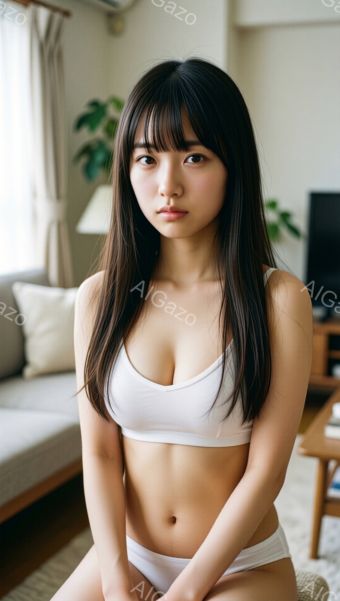 長い黒髪で前髪が目の上まで伸びている女性が、白いブラジャーとショーツのみを身に着けて座っています。彼女はカメラを見つめ、落ち着いた表情をしています。背景にはベージュのソファと木製の家具が見え、明るいリ - AI生成フリー素材
