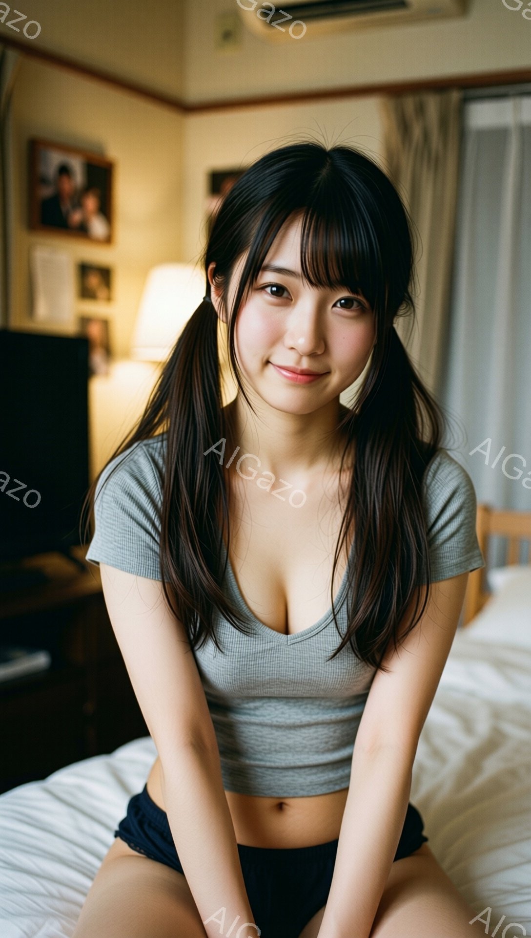 長い黒髪をツインテールにした若い女性が、薄いグレーのクロップド丈のトップスと紺色の下着姿でベッドに座っています。彼女は微笑んでおり、リラックスした雰囲気でカメラを見つめています。背景には、間接照明とシンプルな家具が見え、部屋全体が落ち着いた色調で統一されています。