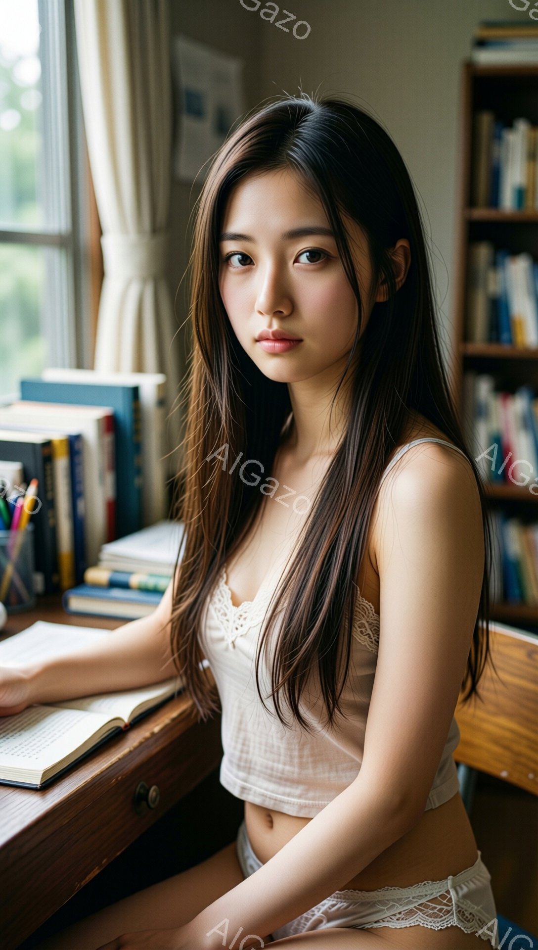 長い黒髪をなびかせ、クリーム色のレース付きキャミソールと下着姿の若い女性が描かれている。彼女は机に本を開いて座っており、物憂げな表情でこちらを見ている。背景には本棚が並び、窓からは緑豊かな風景が見える - AI生成フリー素材