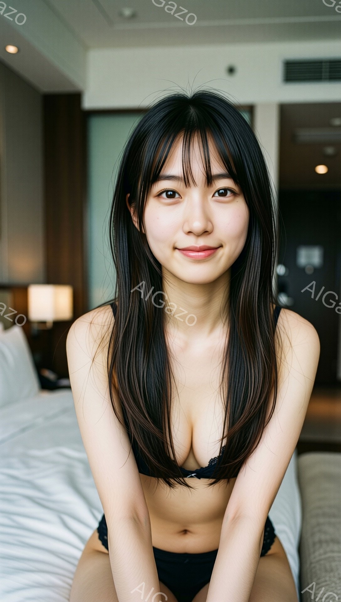 長い黒髪で、前髪は眉毛にかかるようにカットされています。黒い下着姿で、ベッドに座り、カメラに向かって微笑んでいます。背景はホテルの部屋のような明るい室内で、白っぽいベッドと壁が見えます。 - AI生成フリー素材