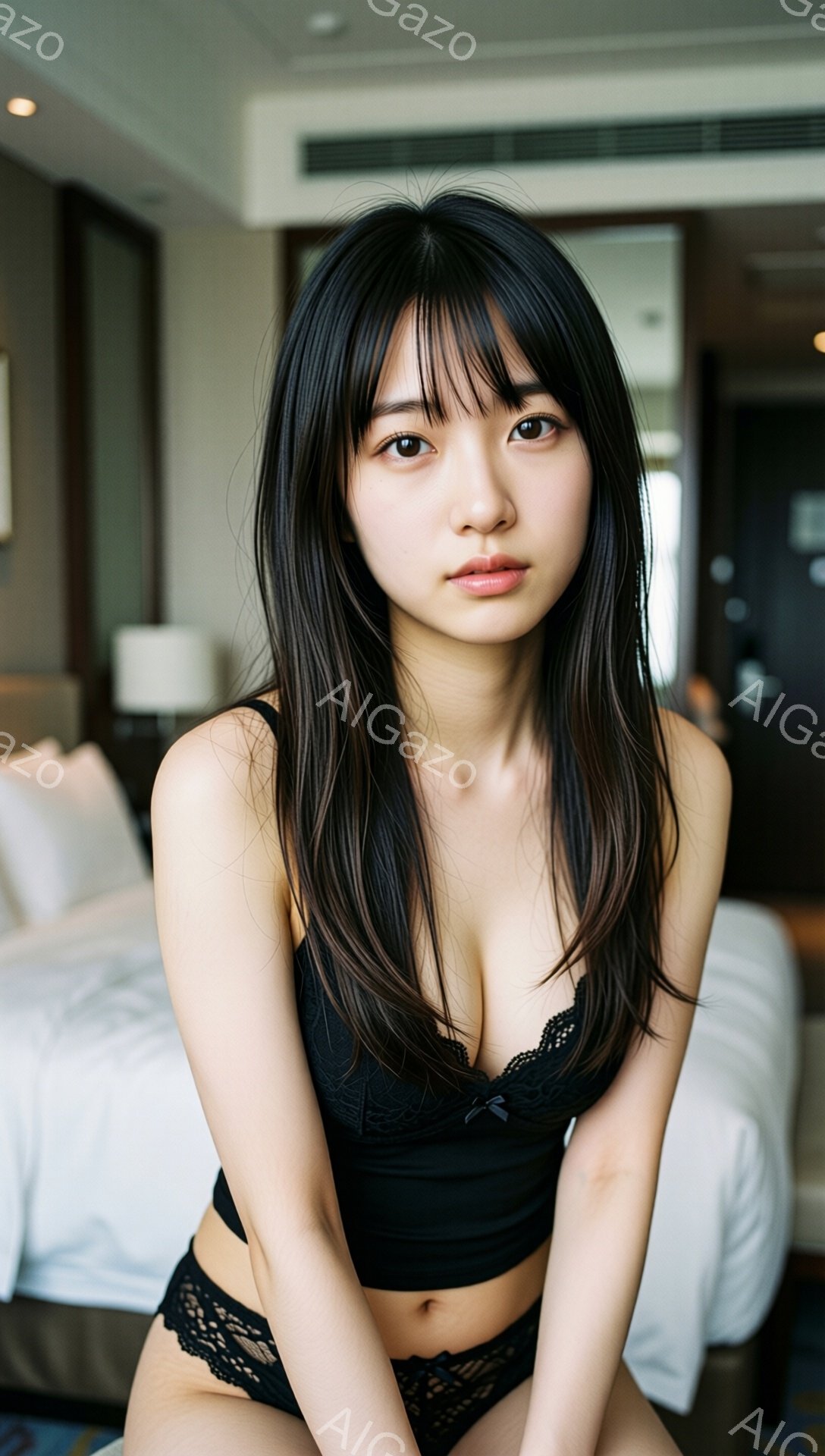 長い黒髪の女性が、黒いレースのブラとショーツを身に着けてベッドに座っています。彼女はカメラに向かって少し微笑み、リラックスした表情をしています。背景はホテルの部屋のような雰囲気で、白いベッドと淡い色の - AI生成フリー素材