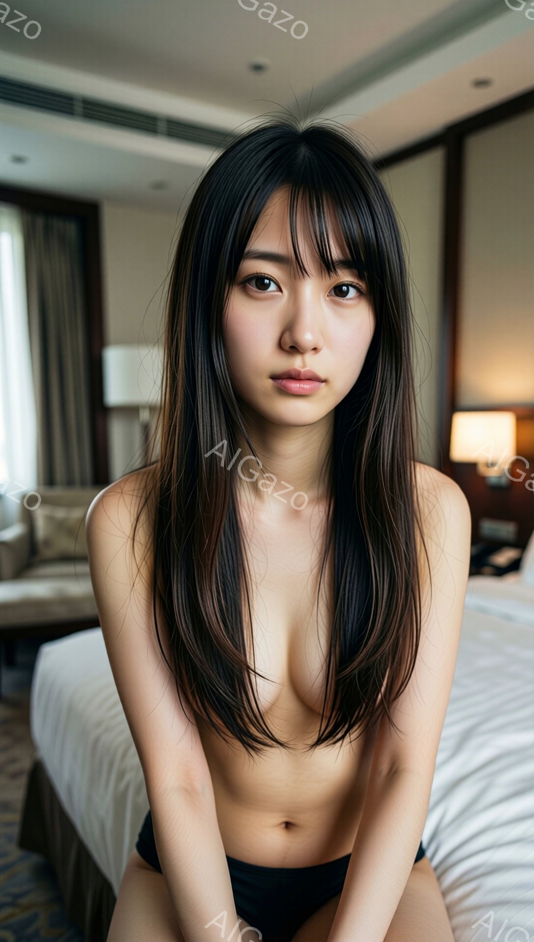 長い黒髪の女性が白いベッドに座っており、黒い下着のみを着用しています。彼女は正面を見つめ、控えめな表情をしています。背景には、カーテンがかかった窓と、ぼやけた家具が見え、ホテルの部屋のような雰囲気です。