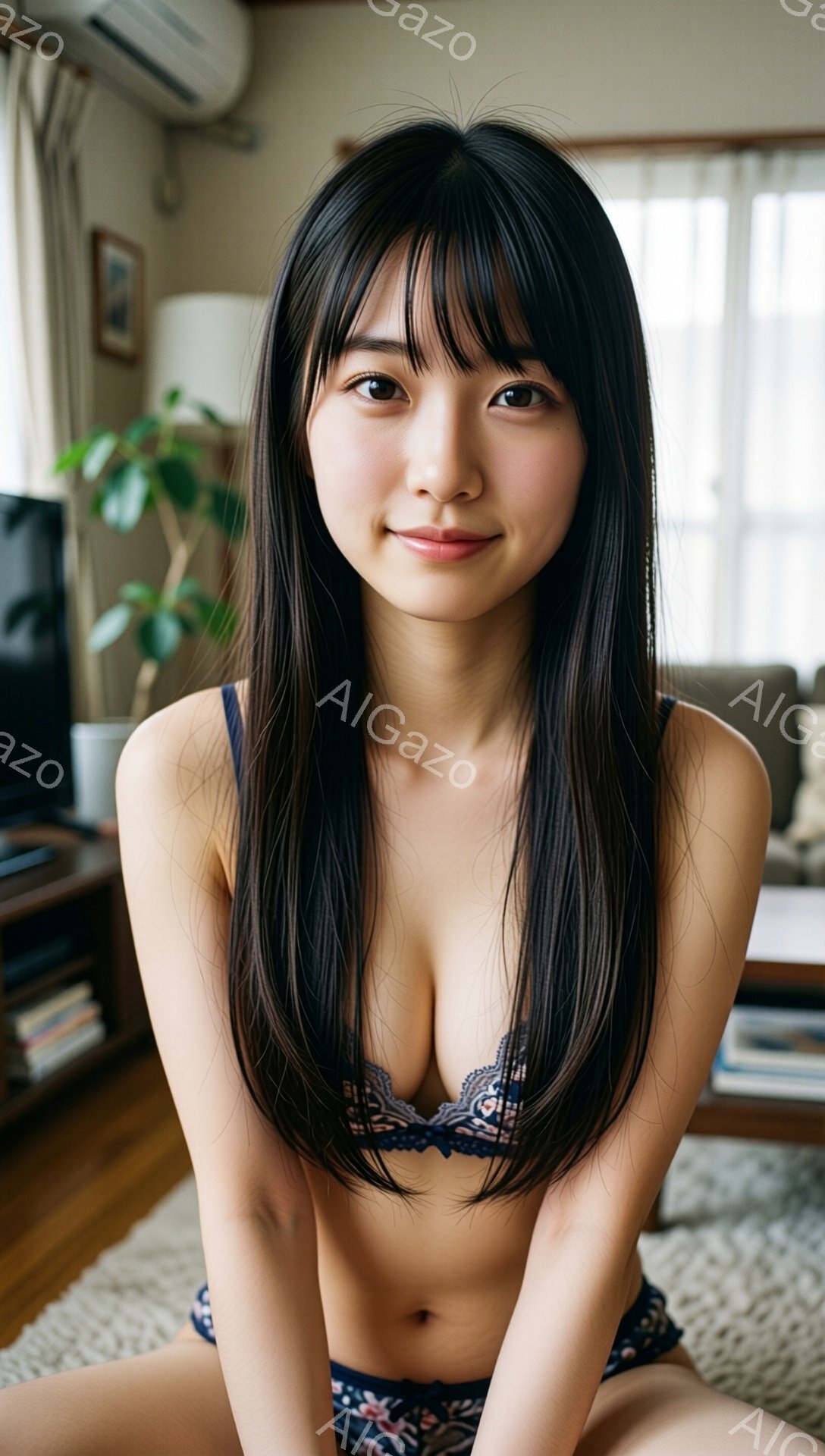 長い黒髪の女性が、レースの青いブラジャーと下着姿で、室内でこちらを見つめています。彼女はわずかに微笑んでおり、リラックスした雰囲気です。背景には木製の家具や観葉植物が見え、自然光が差し込んでいる穏やかな室内が表現されています。