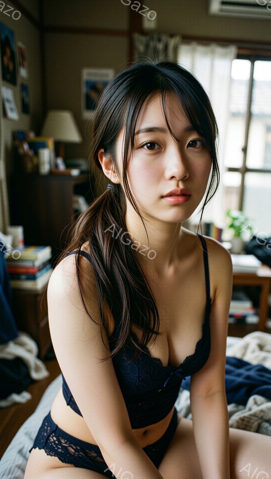 長い黒髪を後ろで一つにまとめた女性が、黒色のレースのブラジャーとショーツ姿でベッドに座っています。彼女はカメラを見つめ、少し憂いを帯びた表情を浮かべています。背景には本棚や家具が見え、室内は暖かく、落ち着いた雰囲気です。