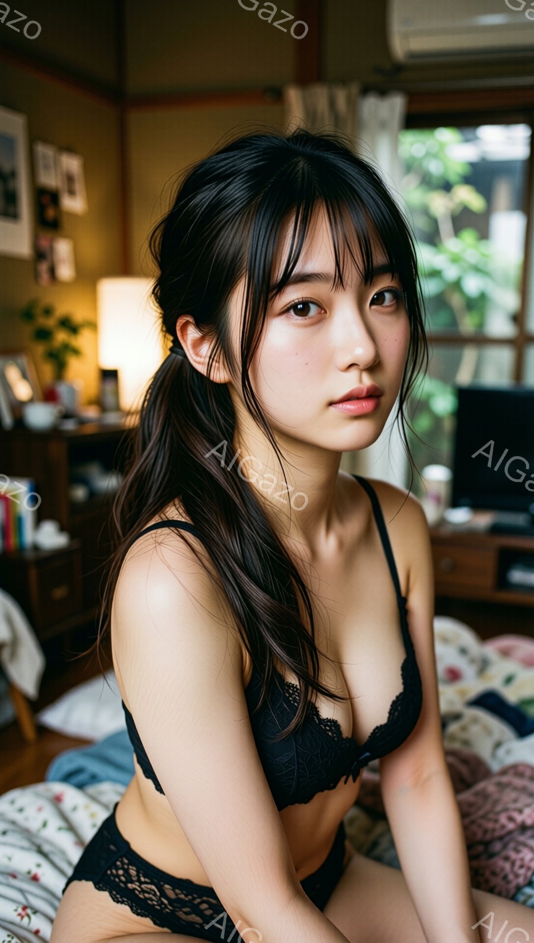 長い黒髪をハーフアップにした若い女性が、黒いレースのブラジャーと下着姿でベッドに座っています。彼女はカメラを見つめ、控えめながらも魅力的な表情をしています。背景には木製の家具や植物が見え、室内には穏やかな光が差し込み、親密でリラックスした雰囲気を醸し出しています。