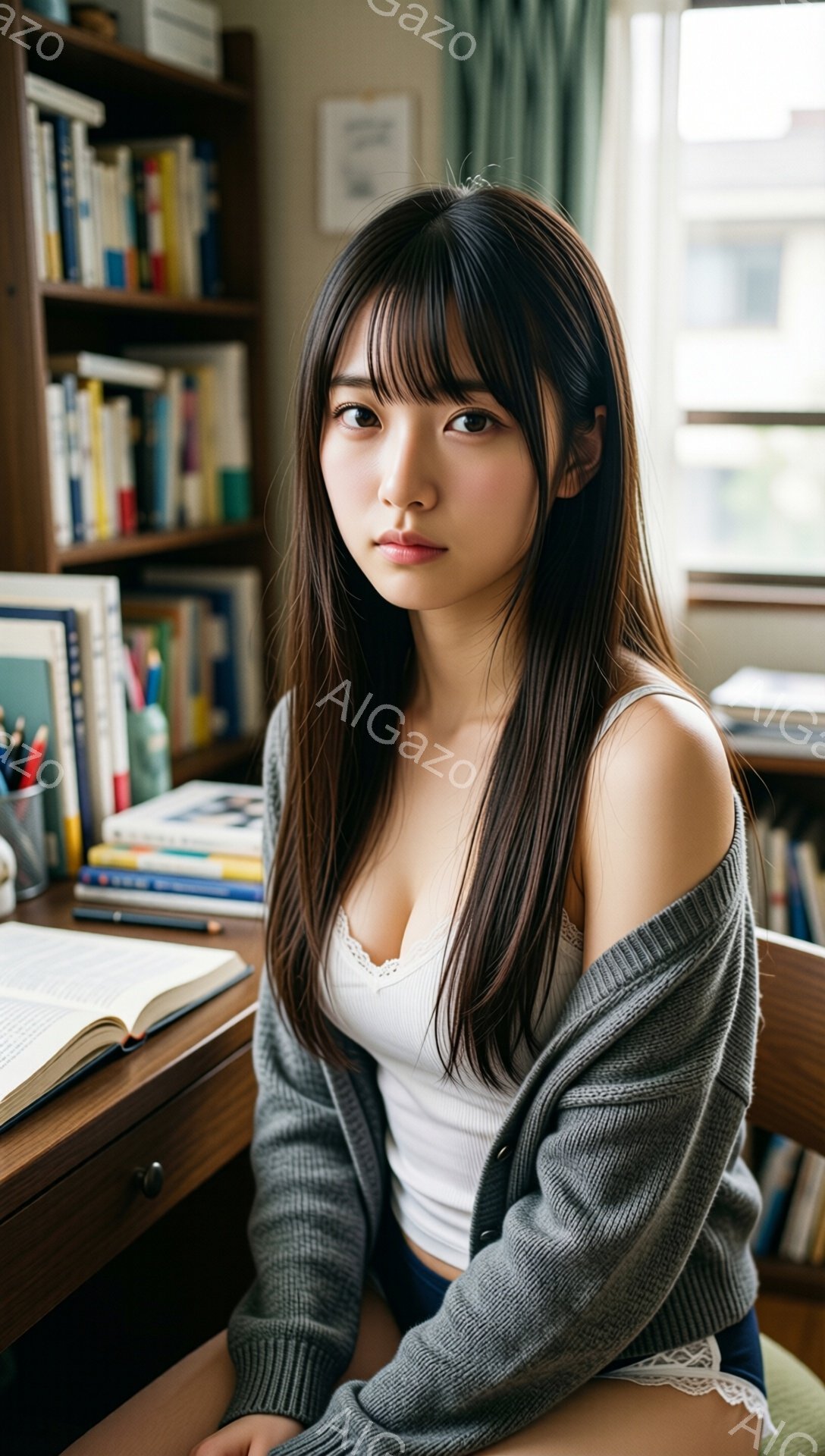 長い黒髪を肩にかけた若い女性が、白いレースのキャミソールにグレーのカーディガンを羽織り、紺色のパンツを着用しています。彼女は椅子に座り、少し微笑んでいます。背景には本棚、机、そして窓から差し込む自然光が見え、落ち着いた、勉強部屋のような雰囲気です。