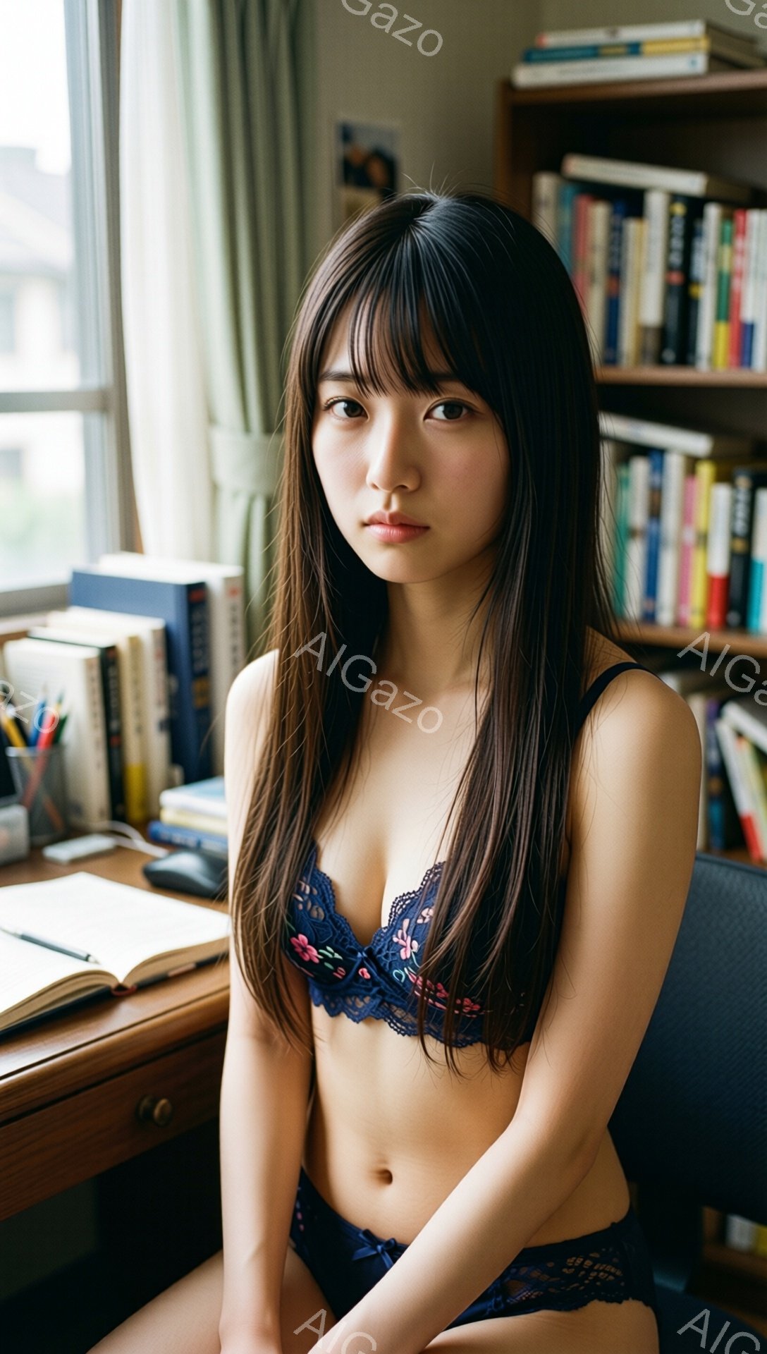 長い黒髪の女性が、青いレースのブラジャーとショーツ姿で椅子に座っています。彼女は少し憂いを帯びた表情でカメラを見つめており、背景には本棚と机が置かれた室内が広がっています。室内は自然光が差し込み、落ち - AI生成フリー素材