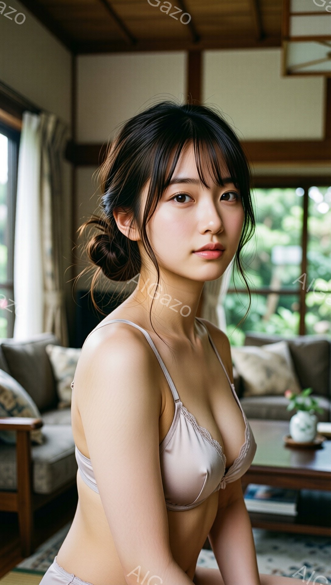 長い黒髪を後ろでまとめた女性が、薄いピンク色のブラとショーツ姿で座っています。彼女は穏やかな表情でカメラを見つめ、リラックスした雰囲気です。背景には、畳敷きの部屋、ソファ、テーブル、そして大きな窓から見える緑豊かな自然が見え、全体的に落ち着いた和の空間が演出されています。