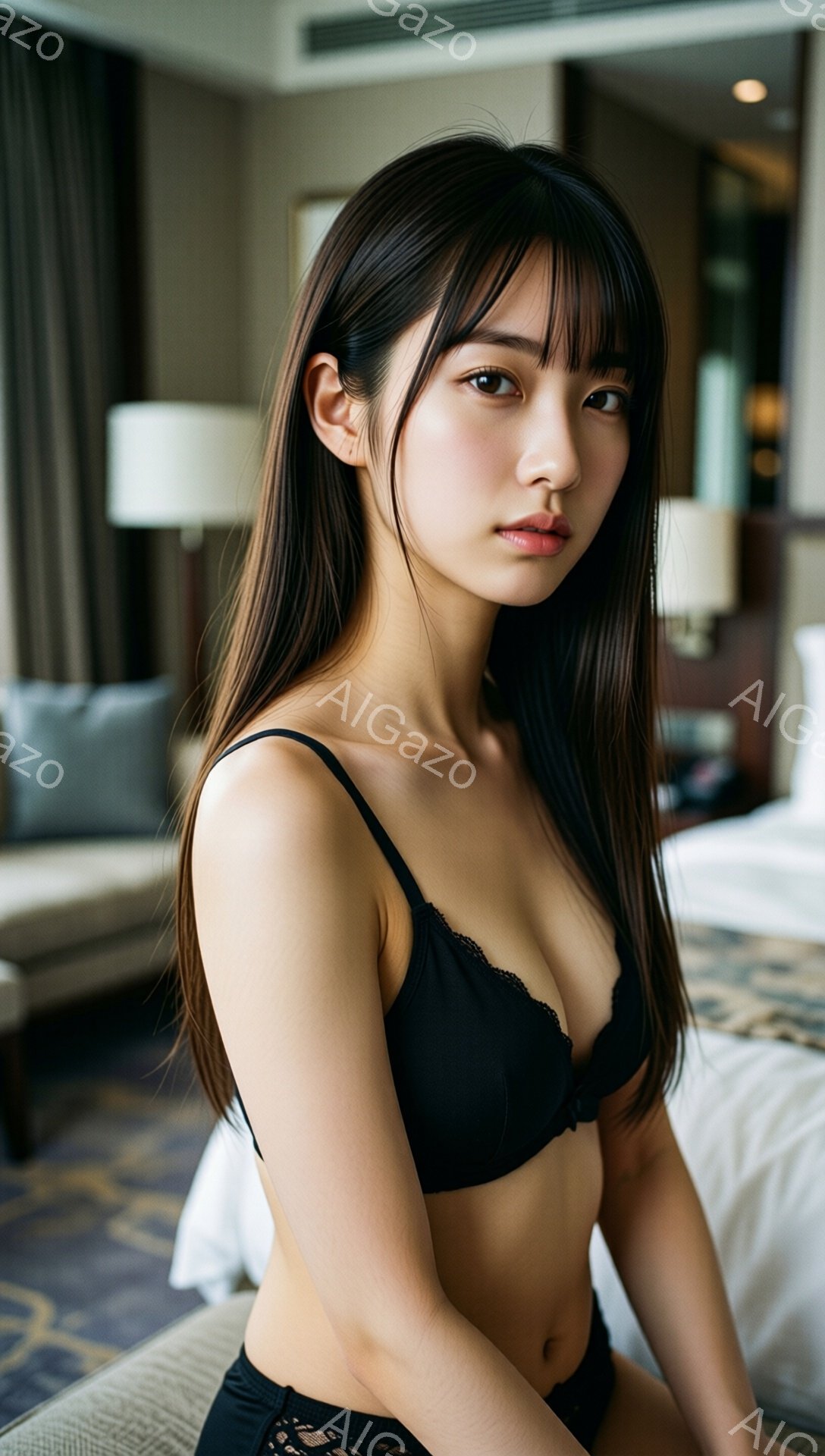 長い黒髪を肩で分けている女性が写っており、黒いレースのブラジャーとショーツを着用しています。彼女はベッドに座り、少し下を向いた表情で、控えめでセクシーな雰囲気を醸し出しています。背景はホテルの部屋で、白とグレーの落ち着いた色調が、彼女の姿を際立たせています。