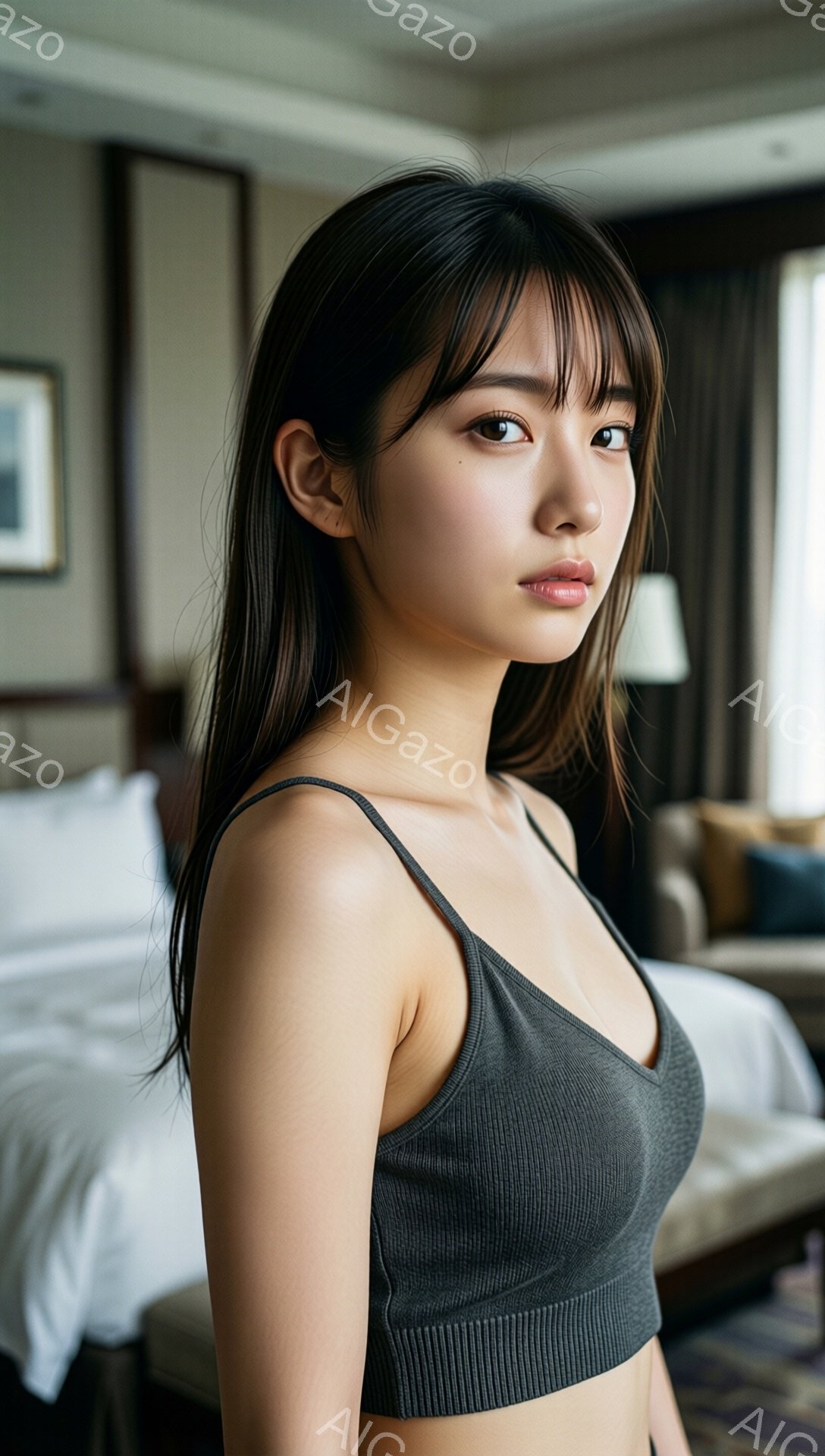 長い黒髪を肩にかける女性は、グレーのキャミソールを着用し、少し微笑んだ表情でカメラを見つめています。背景には白いベッドとソファ、そして窓から差し込む自然光が見え、リラックスした雰囲気のホテルの一室のようです。彼女の姿勢はリラックスしており、健康的で美しい印象を与えます。