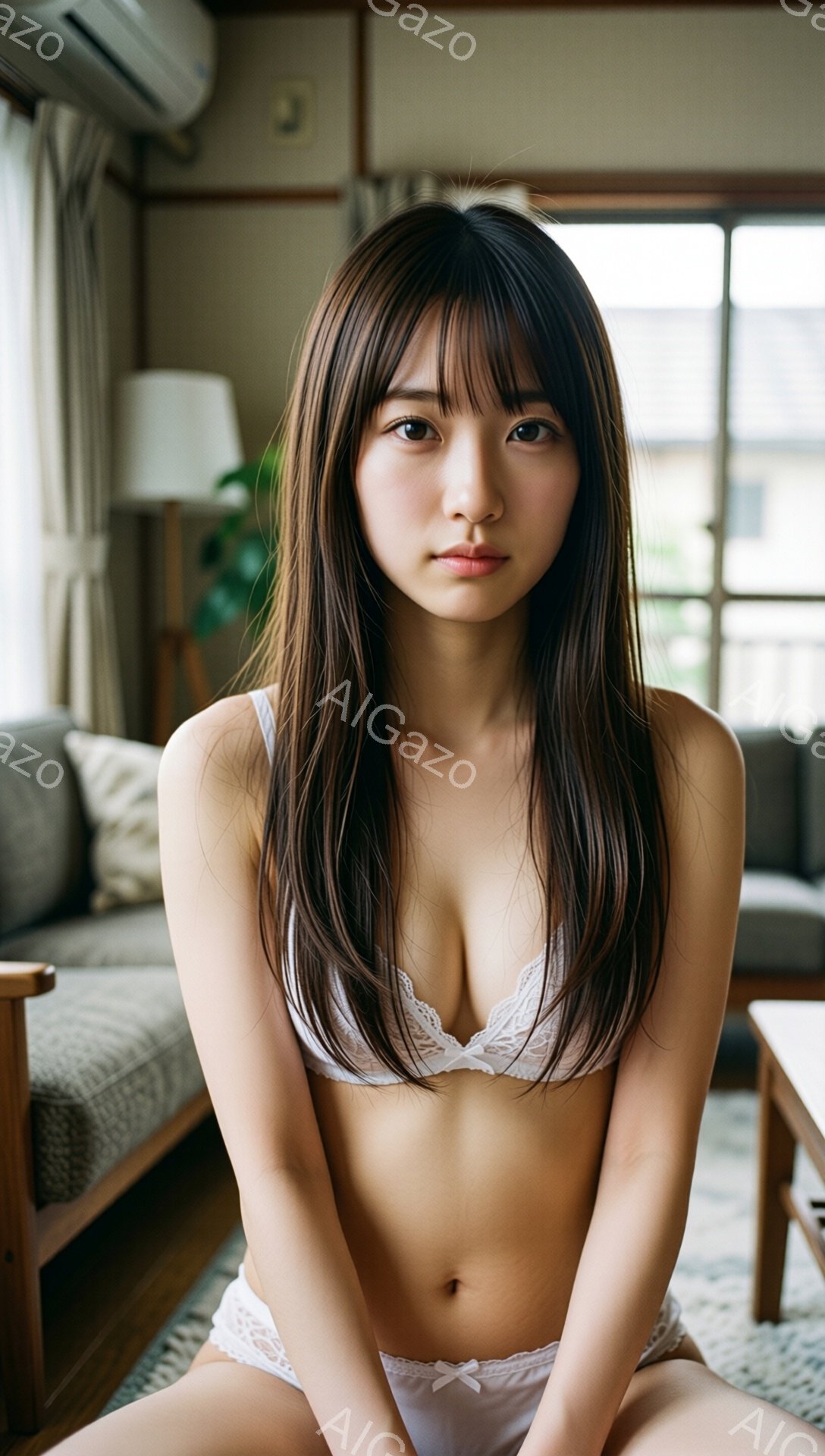 長い茶髪の女性が、レースのブラジャーとショーツ姿で座っています。彼女は落ち着いた表情で、カメラの方をまっすぐ見ています。背景には、窓からの自然光が差し込むリビングルームがあり、モダンな家具と穏やかな雰囲気が感じられます。