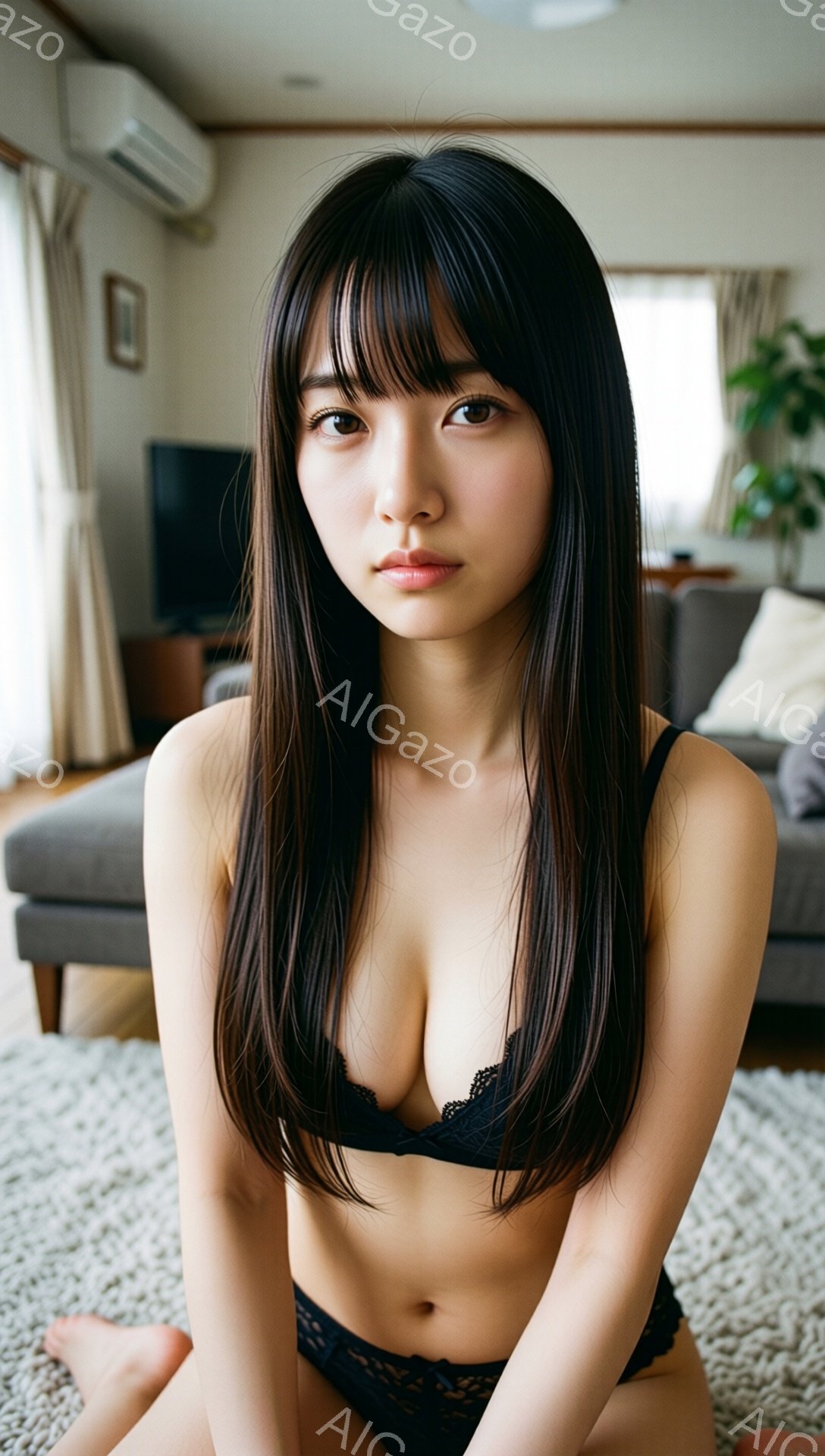 長い黒髪の女性が、レースのブラとショーツのみを身につけて、膝を曲げて座っています。彼女はカメラの方を見て、控えめな表情をしています。背景は明るいリビングルームで、ソファーや植物が見え、全体的に穏やかで親密な雰囲気です。