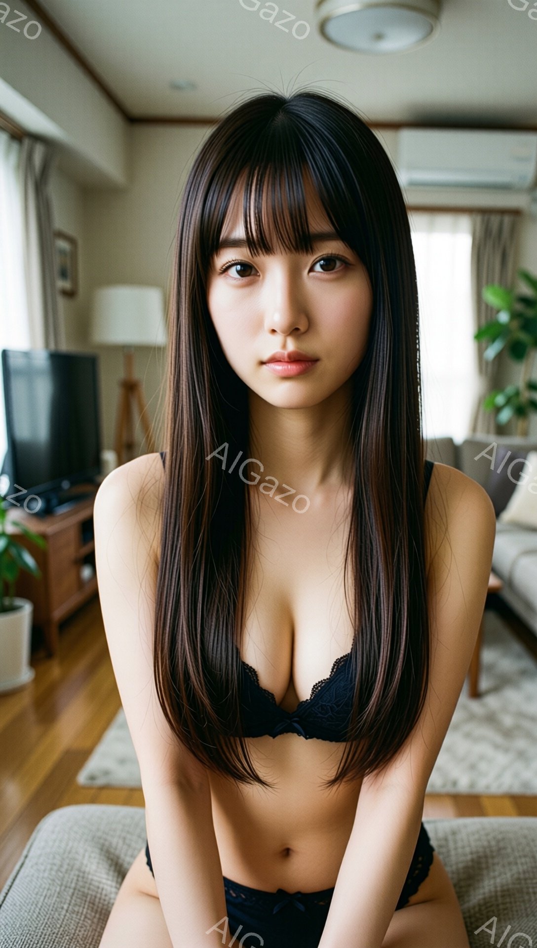 長い黒髪で、前髪が目にふれており、黒いレースのブラジャーとショーツを身に着けた女性が描かれています。彼女はグレーのソファに座り、カメラの方をまっすぐ見ており、落ち着いた表情をしています。背景には木製の - AI生成フリー素材