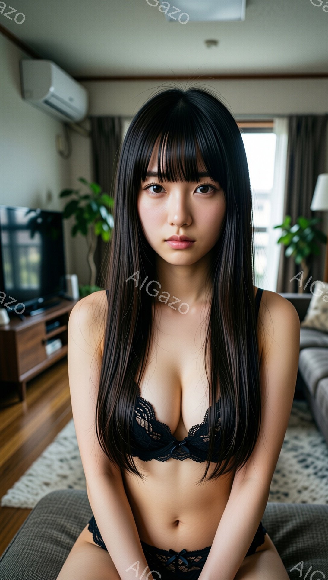 長い黒髪をセンターパートにした女性が、黒いレースのブラジャーとショーツを身に着けて座っています。彼女はまっすぐ前を見て、やや憂いを帯びた表情をしています。背景には木製のキャビネットやソファ、観葉植物が見え、室内が明るく暖かく感じられます。