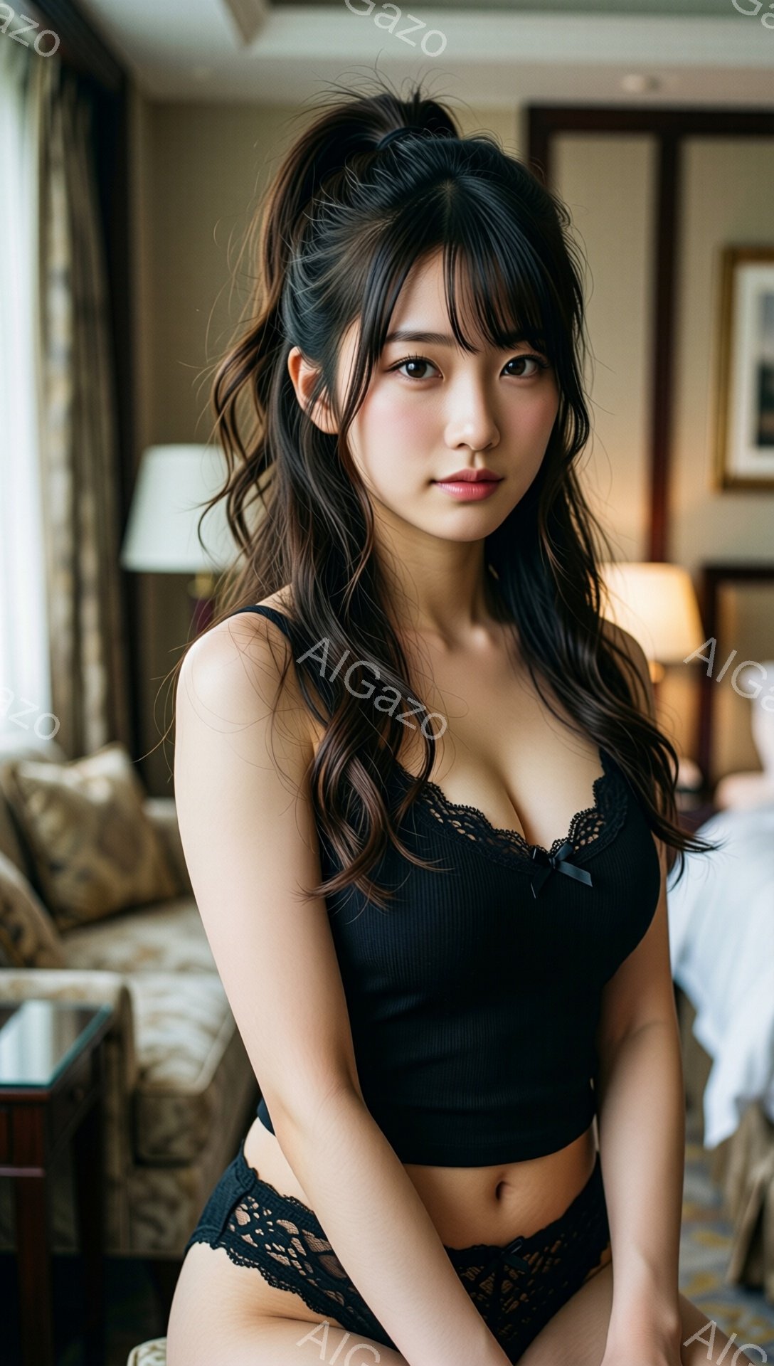 長い黒髪をハーフアップにした女性が、黒いレースのブラトップとショーツ姿で座っています。彼女はカメラに向かって微笑んでおり、少し肌を見せた控えめなスタイルです。背景には、クリーム色のソファと絵画が飾られた明るいリビングルームが見えます。