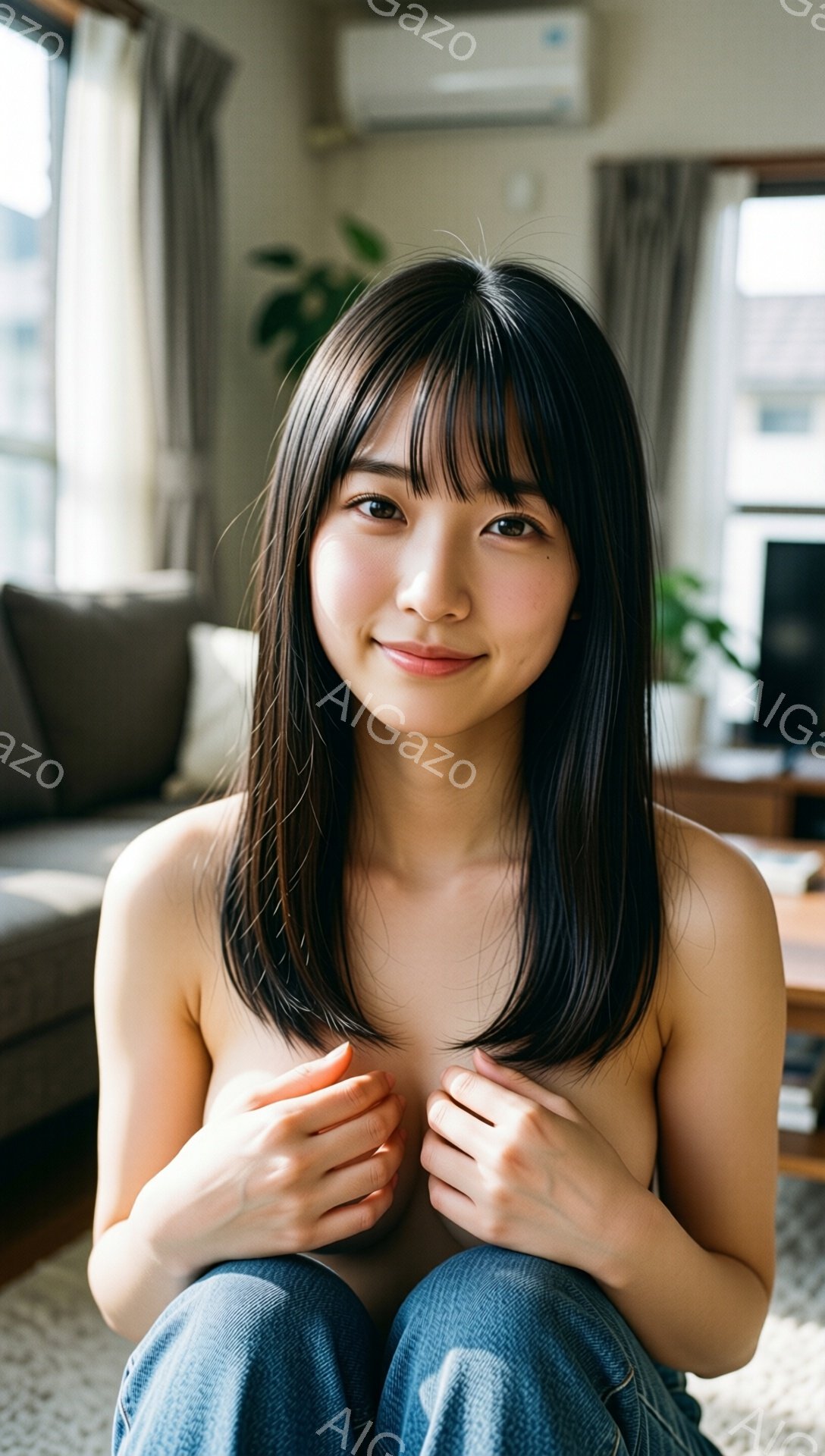 長い黒髪で、前髪が目の上にかかる女性が写っている。デニムのズボンを履いており、上半身は裸である。彼女は微笑んでおり、両手で胸の前を覆っている。背景には、ソファや植物が見え、部屋の雰囲気が穏やかで柔らかい。