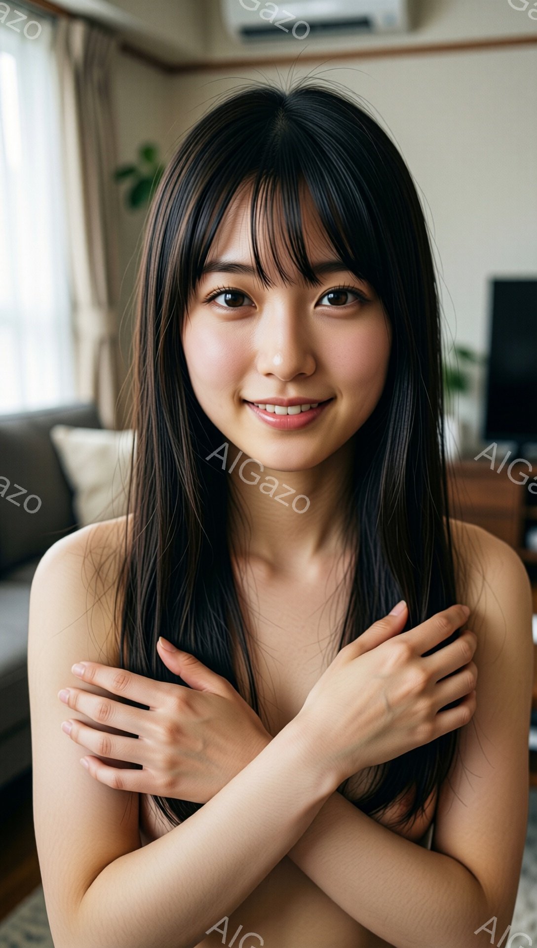 長い黒髪の女性が、腕を組んでカメラを見つめています。彼女は上半身裸で、穏やかな笑顔を浮かべており、肌は滑らかに見えます。背景はリビングルームで、ソファやキャビネットが見え、暖かく家庭的な雰囲気を醸し出 - AI生成フリー素材