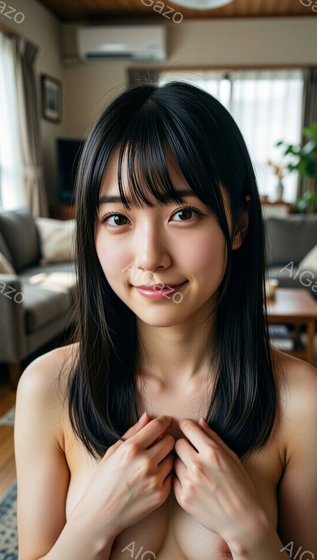 黒髪の女性が、肩まで届くストレートヘアで、わずかに微笑んだ表情で正面を見つめています。上半身は裸で、両手で胸元を抱きかかえるポーズを取っています。背景には、リビングルームと窓から差し込む自然光が見え、穏やかで親密な雰囲気を醸し出しています。