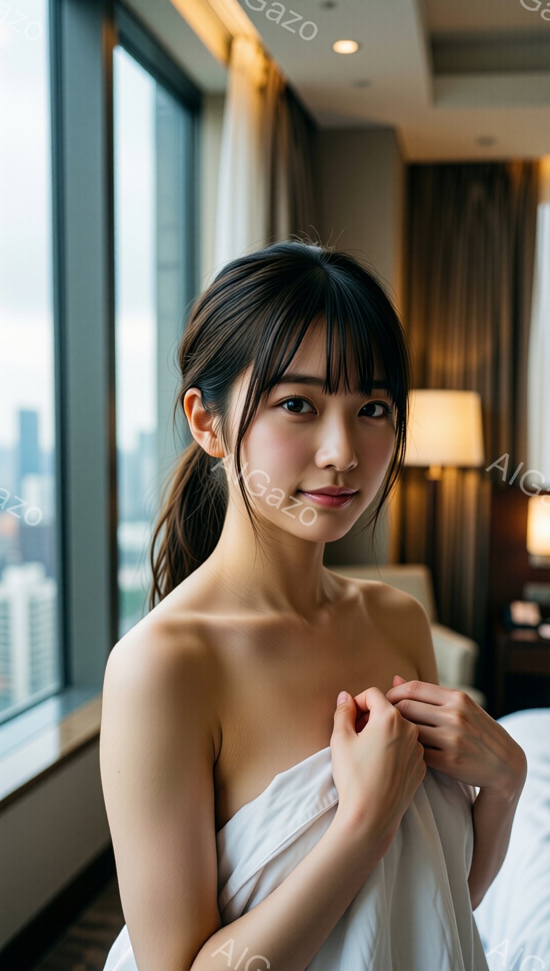 長い黒髪をハーフアップにした若い女性が、白い布を肩に巻き付けています。彼女は少し微笑み、カメラを見つめており、リラックスした姿勢でいます。背景には高層ビルが見え、部屋は明るく、暖かく、洗練された雰囲気 - AI生成フリー素材