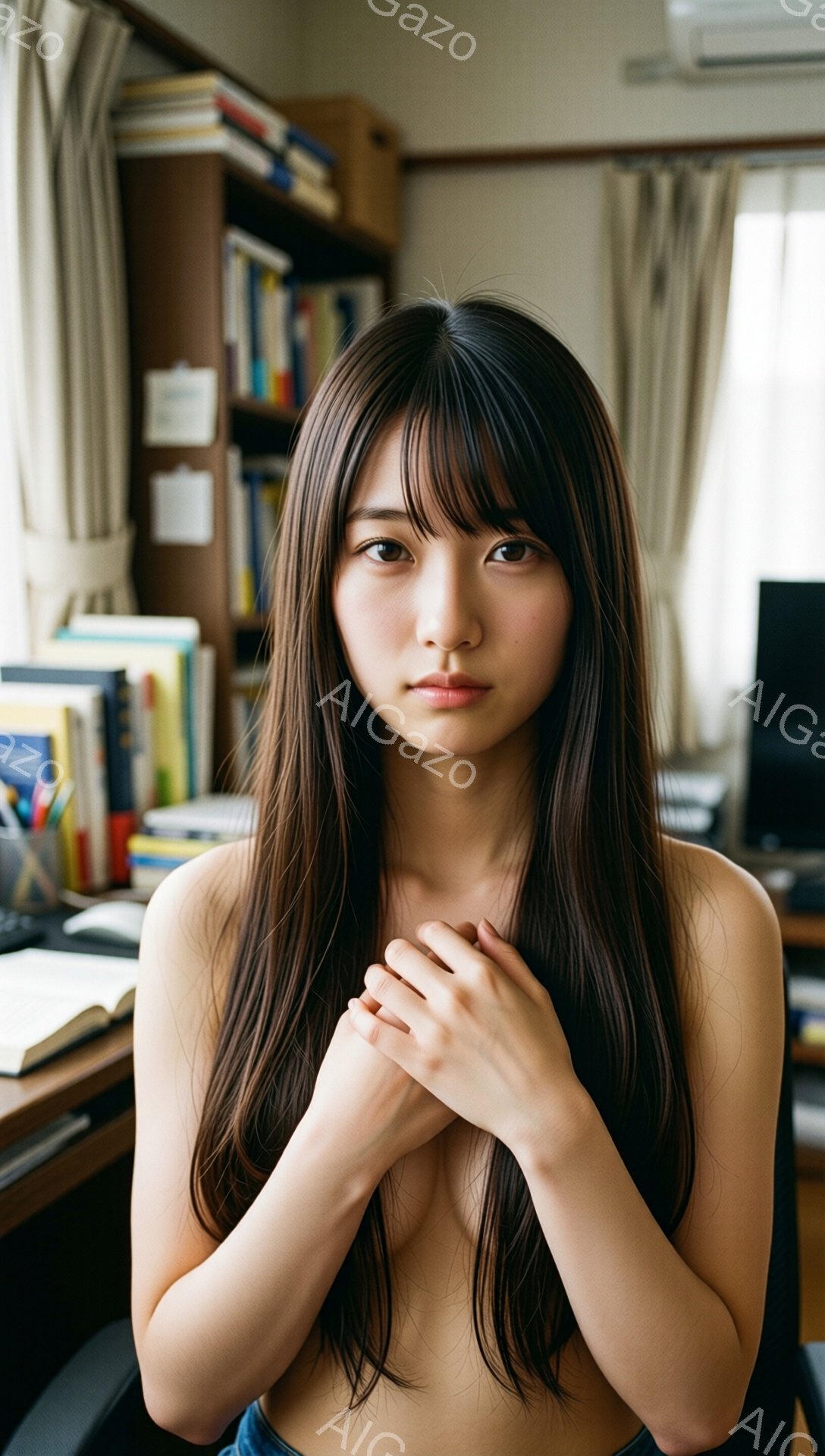 長い黒髪を無造作に肩まで垂らした女性が、上半身を露出した状態で正面を向いています。彼女は両手を胸の前で組み、控えめながらもどこか憂いを帯びた表情をしています。背景には本棚やデスクが写り、室内であることがわかります。