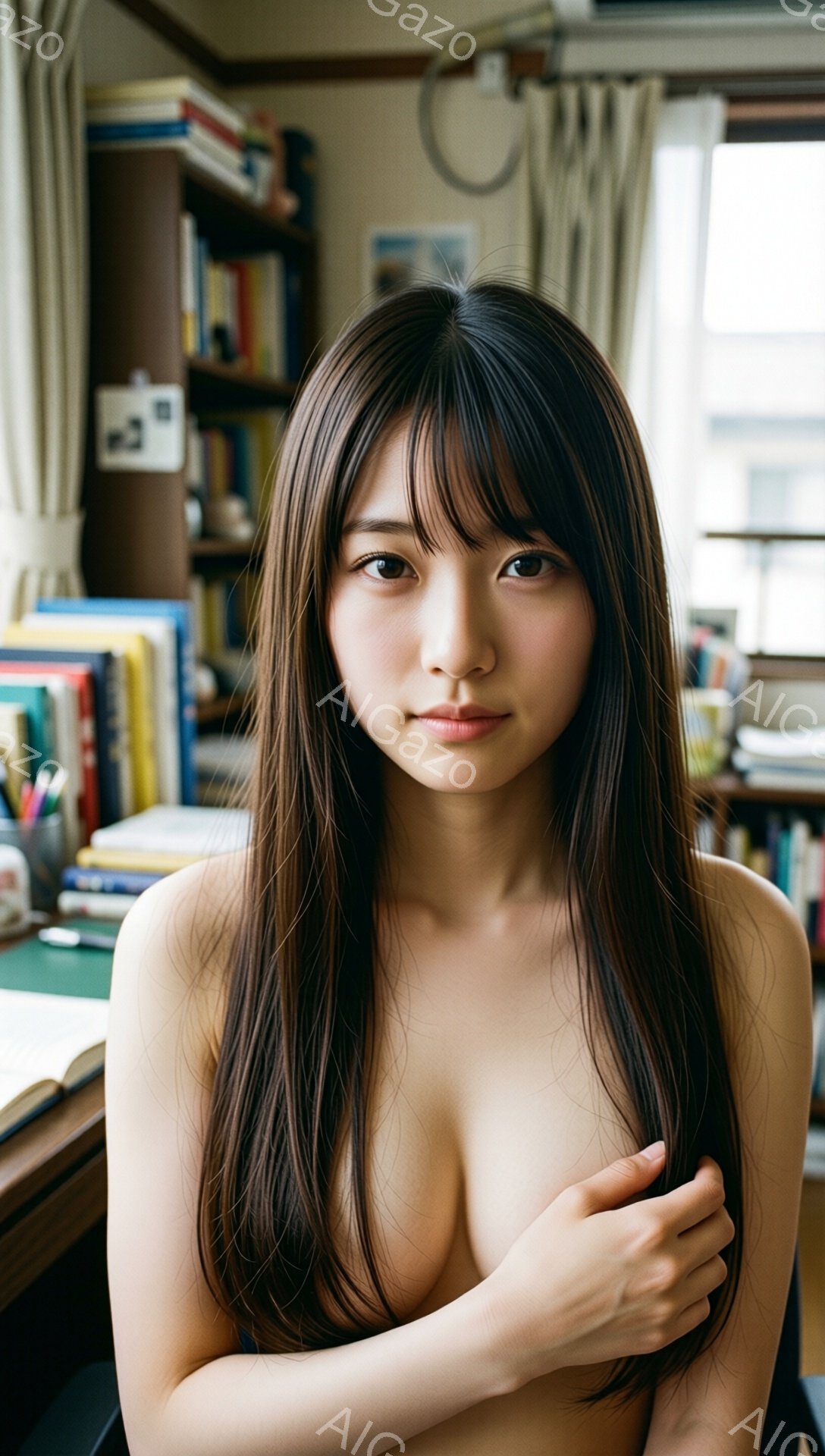 長い黒髪の女性が、腕を組んでカメラを見つめています。上半身は裸で、背景には本棚と机が見え、室内であることがわかります。明るい光が差し込み、柔らかく穏やかな雰囲気を醸し出しています。