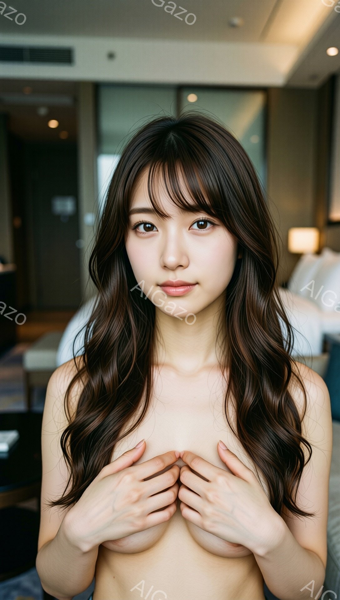 長い茶色の髪を肩にかける女性が、胸の前で両手を組み、まっすぐカメラを見つめています。彼女は上半身裸で、控えめでやや恥ずかしそうな表情を浮かべています。背景はホテルの部屋のようで、ぼやけたベッドと間接照明が見えます。