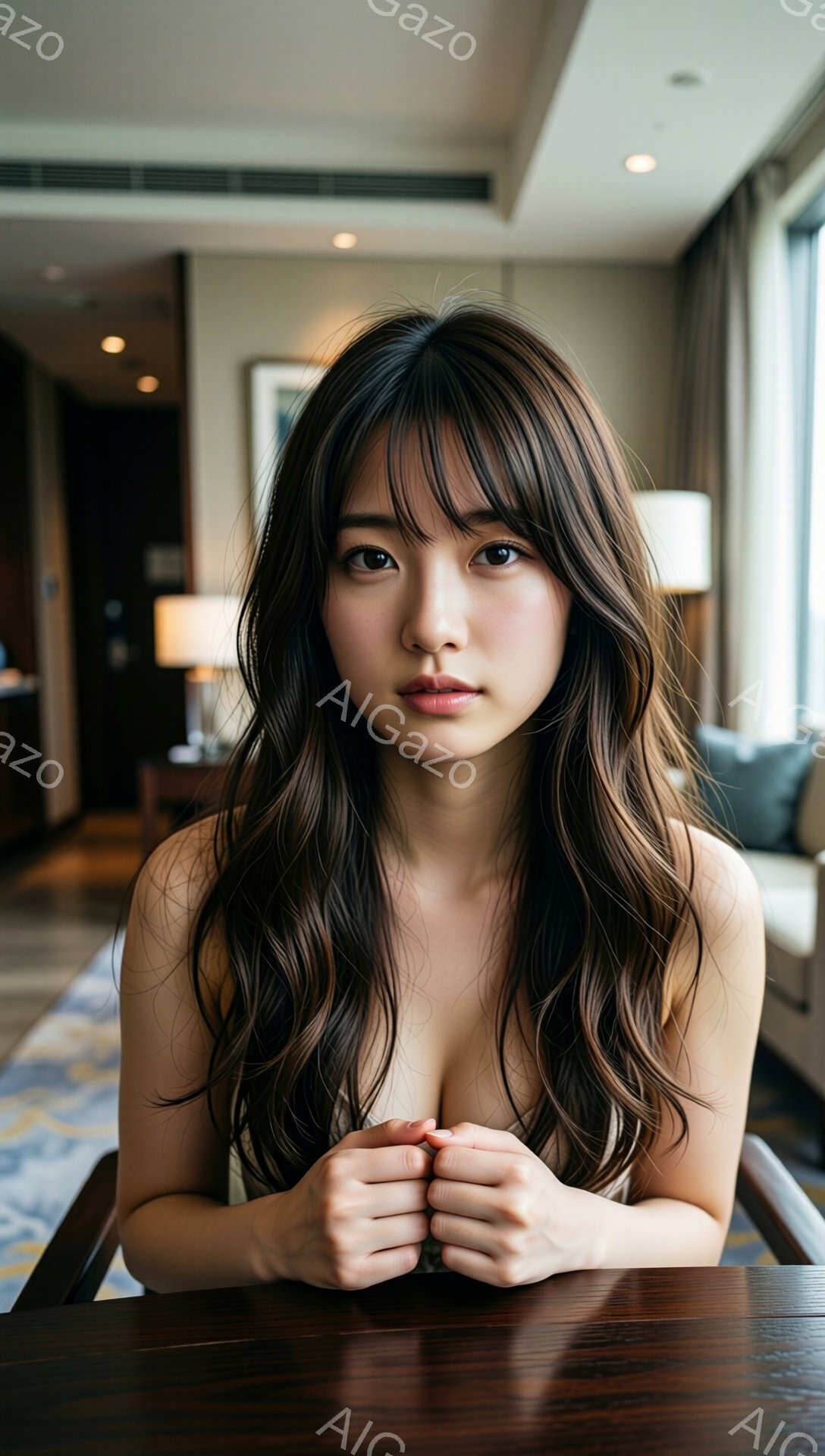 長い茶色のウェーブヘアをした女性が、テーブルに座り、両手を重ねています。彼女は薄い化粧をしており、わずかに微笑んでいます。背景には、明るいリビングルームと窓から見えるぼやけた景色が見えます。