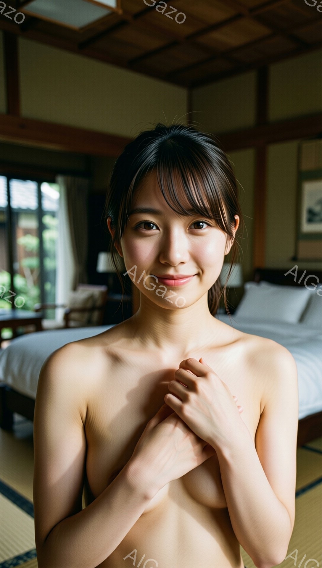 明るい室内で、若い女性が正面を見つめています。彼女は上半身裸で、両手を胸の前で組み合わせて微笑んでいます。背景には畳敷きの部屋と、ベッド、そして窓から見える緑が見えます。