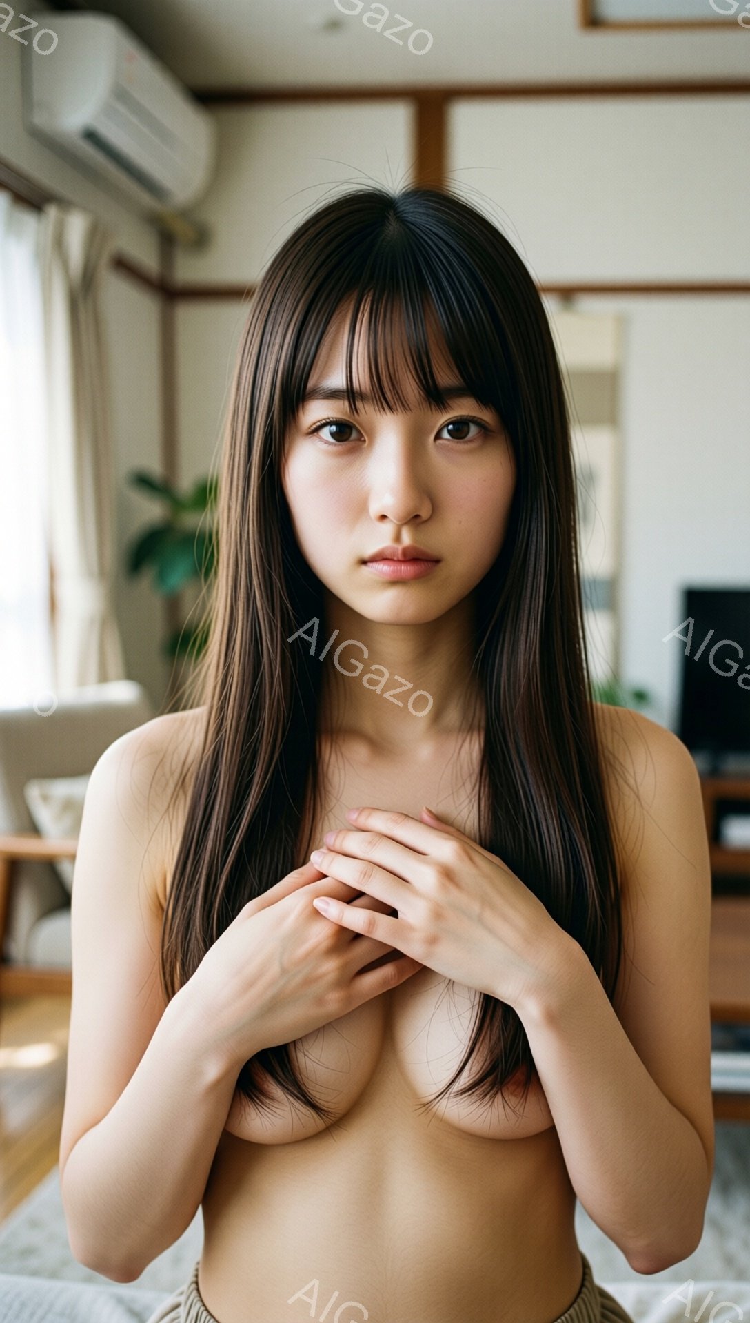 長い黒髪の女性が、上半身に何も着ていない状態で、両手を胸の前で組み合わせています。彼女の表情は穏やかで、どこか憂いを帯びています。背景には、明るいリビングルームの一角が見え、エアコンや家具がぼんやりと写っています。