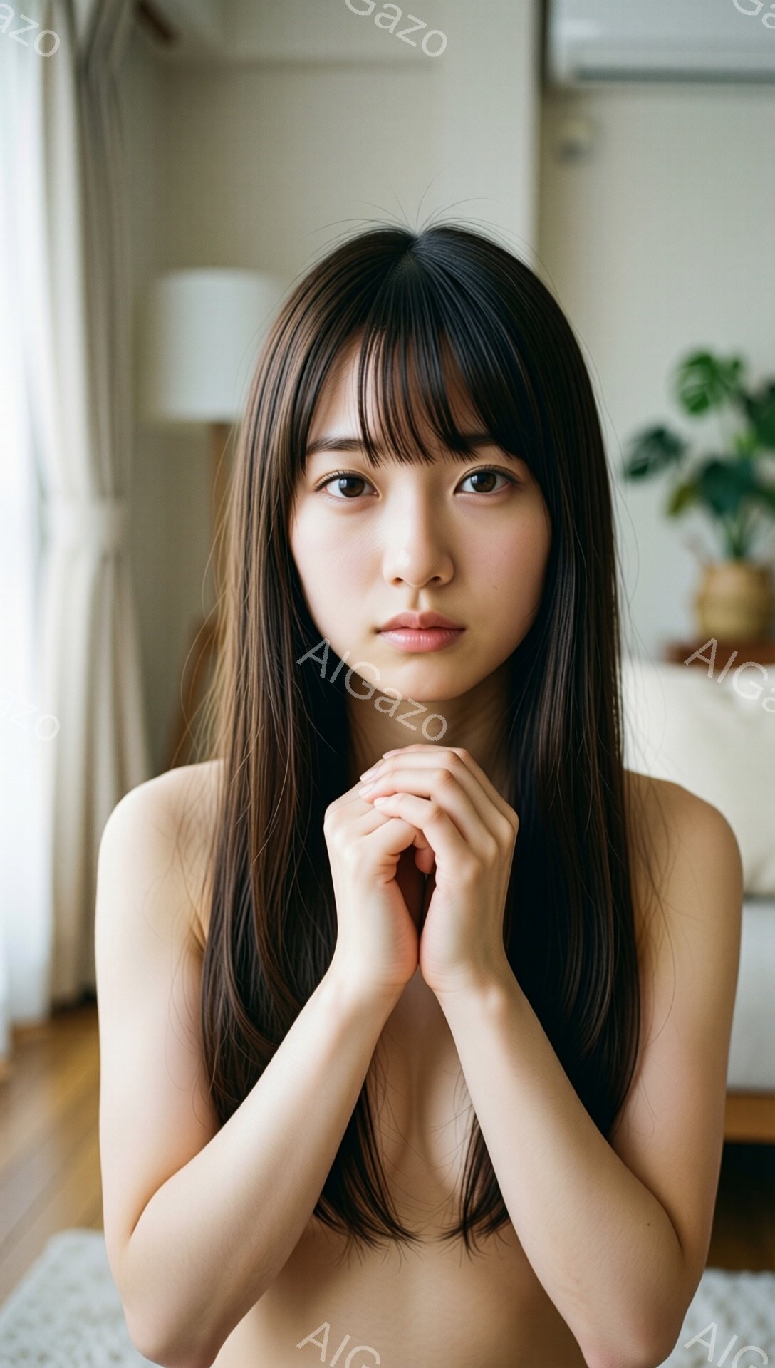 長い黒髪で、前髪が眉毛にかかるヘアスタイルをした若い女性が写っている。彼女は上半身裸で、両手を合わせて祈るように構えている。背景には明るい室内、植物、そしてぼんやりと見えるソファが見え、全体的に穏やかで柔らかな雰囲気を醸し出している。