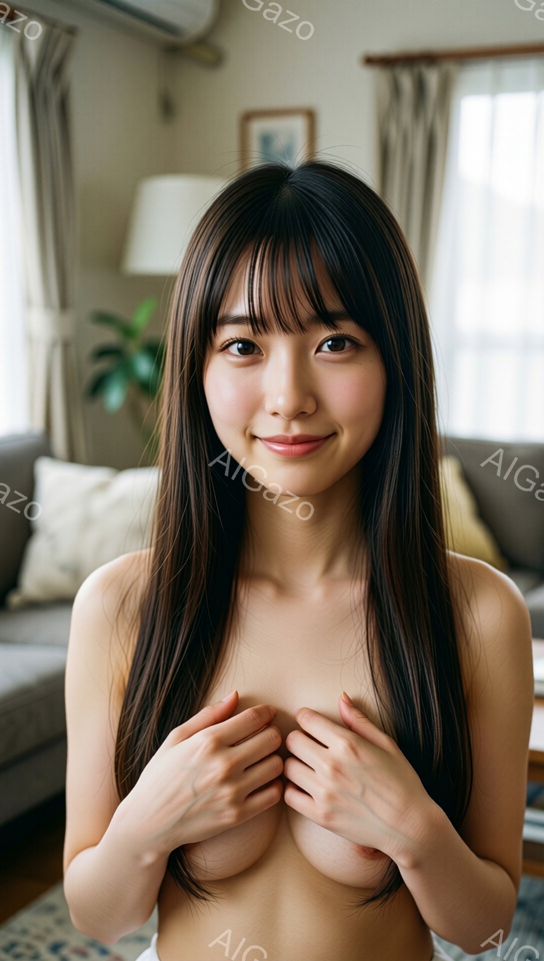 長い黒髪の女性が、白い背景のソファの前に立っており、胸の前で両手を組んでいます。彼女は微笑んでおり、自然なメイクを施しています。背景には、明るいリビングルームと植物が見え、穏やかで親密な雰囲気です。