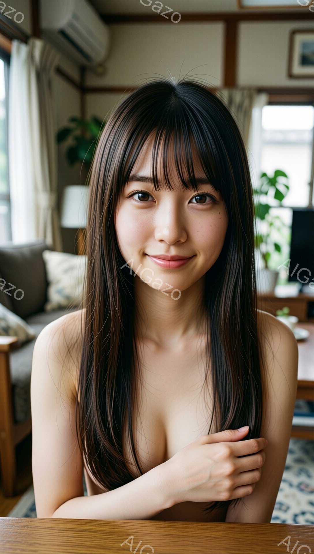 長い黒髪の女性が、薄茶色のテーブルに寄りかかり、両腕を胸の前で組んで微笑んでいます。背景には、ソファ、観葉植物、そして窓から差し込む光が見え、室内は暖かく、穏やかな雰囲気が漂っています。彼女は肌を露出 - AI生成フリー素材