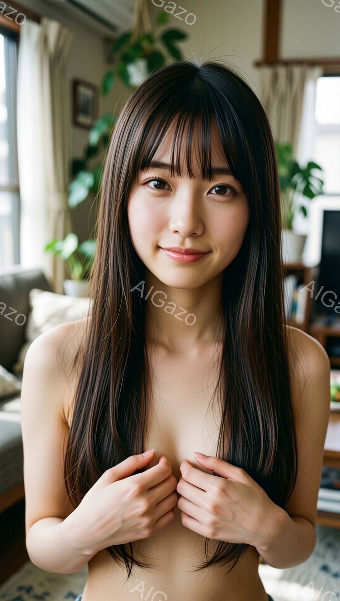 長い黒髪で、前髪は眉毛にかかるように切り揃えられています。女性は上半身裸で、両手で胸元を軽く覆うようにしています。背景には窓から差し込む光と、観葉植物、ソファが見え、リビングルームの暖かく穏やかな雰囲気を感じさせます。