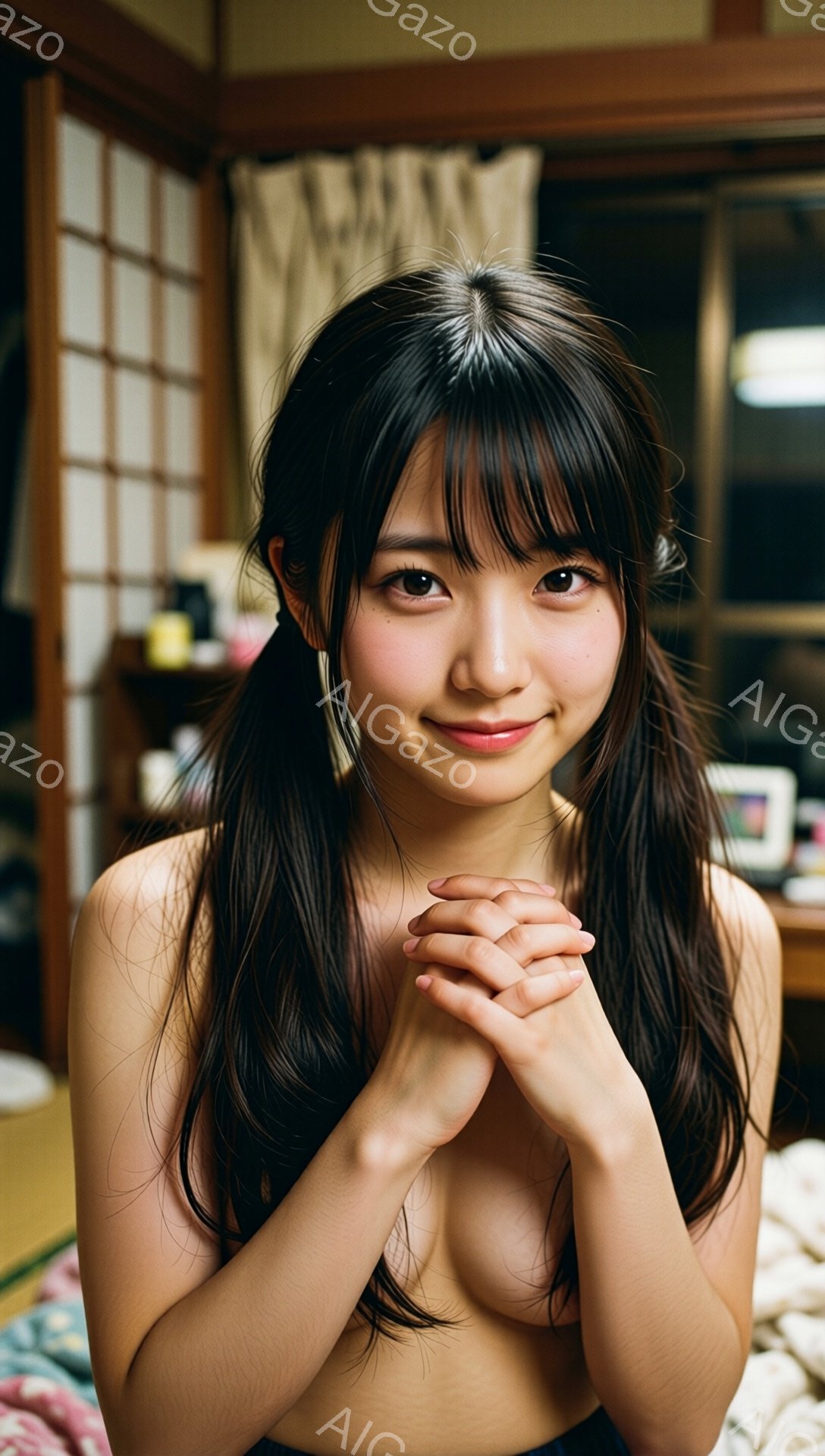 長い黒髪を肩にかける女性が、微笑みを浮かべて両手を合わせています。彼女は上半身裸で、ベージュ色の背景の畳部屋にいます。背景には伝統的な日本の間取りの一部が見え、穏やかで親密な雰囲気を醸し出しています。