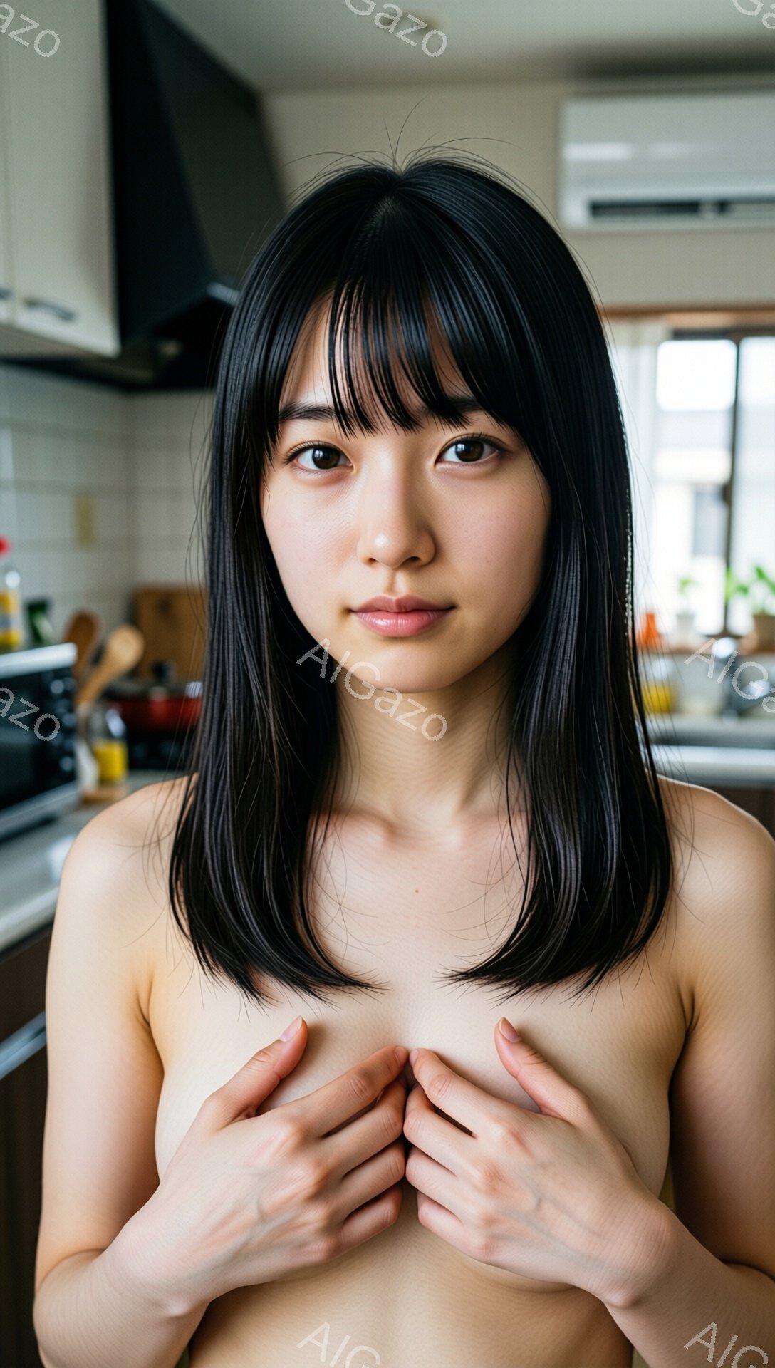 黒髪の女性が、上半身裸でカメラを見つめている。彼女は両手を胸の前で重ね、少し微笑んでいるように見える。背景はキッチンで、ステンレス製の調理台や食器棚が見え、家庭的な雰囲気が漂っている。
