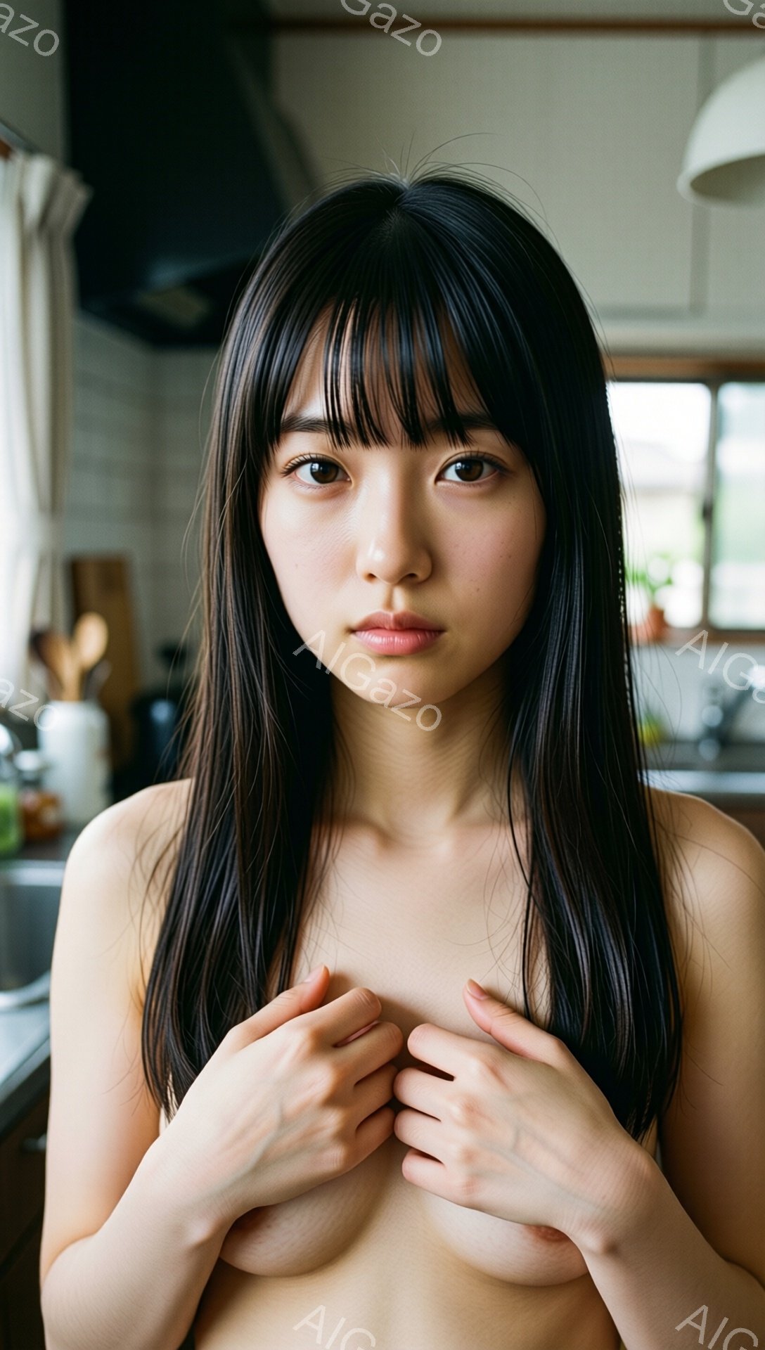 長い黒髪の女性が、胸の前で両手を組んで立っています。彼女は上半身裸で、控えめな表情をしています。背景はキッチンで、窓から自然光が入っており、家庭的な雰囲気が漂っています。