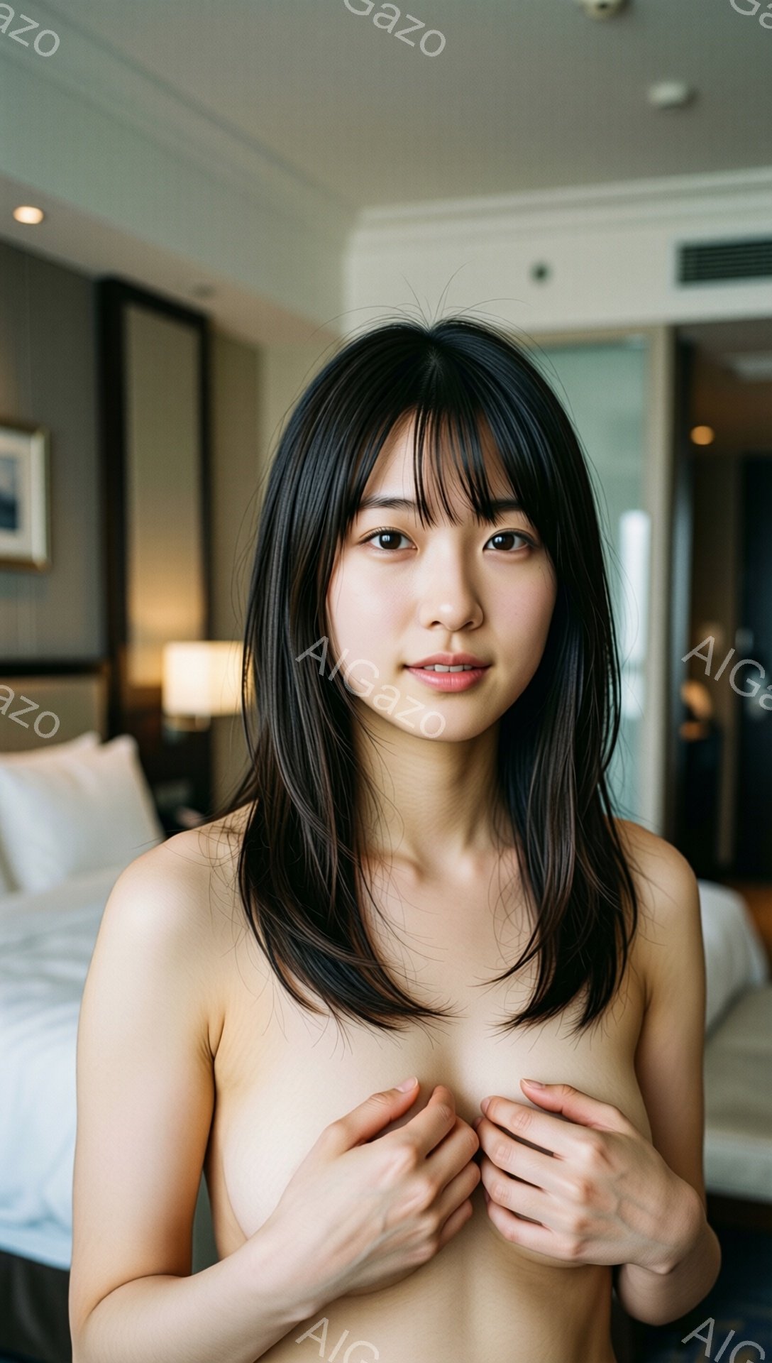 黒髪の女性が、上半身裸でカメラを見つめています。彼女は両手を胸の前で組み、控えめで少し恥ずかしそうな表情を浮かべています。背景にはベッドと窓があり、ホテルの部屋のような室内であることがわかります。