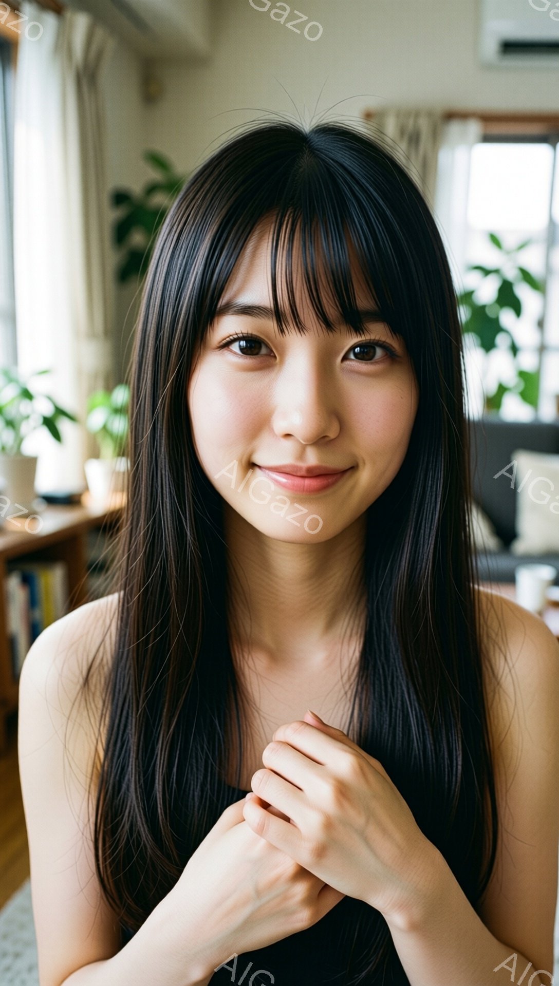 長い黒髪を肩で分けている女性が写っています。彼女は黒いキャミソールを着て、両手を組んで微笑んでいます。背景には、植物や家具が見えるリビングルームのような室内がぼんやりと写っており、温かく穏やかな雰囲気 - AI生成フリー素材