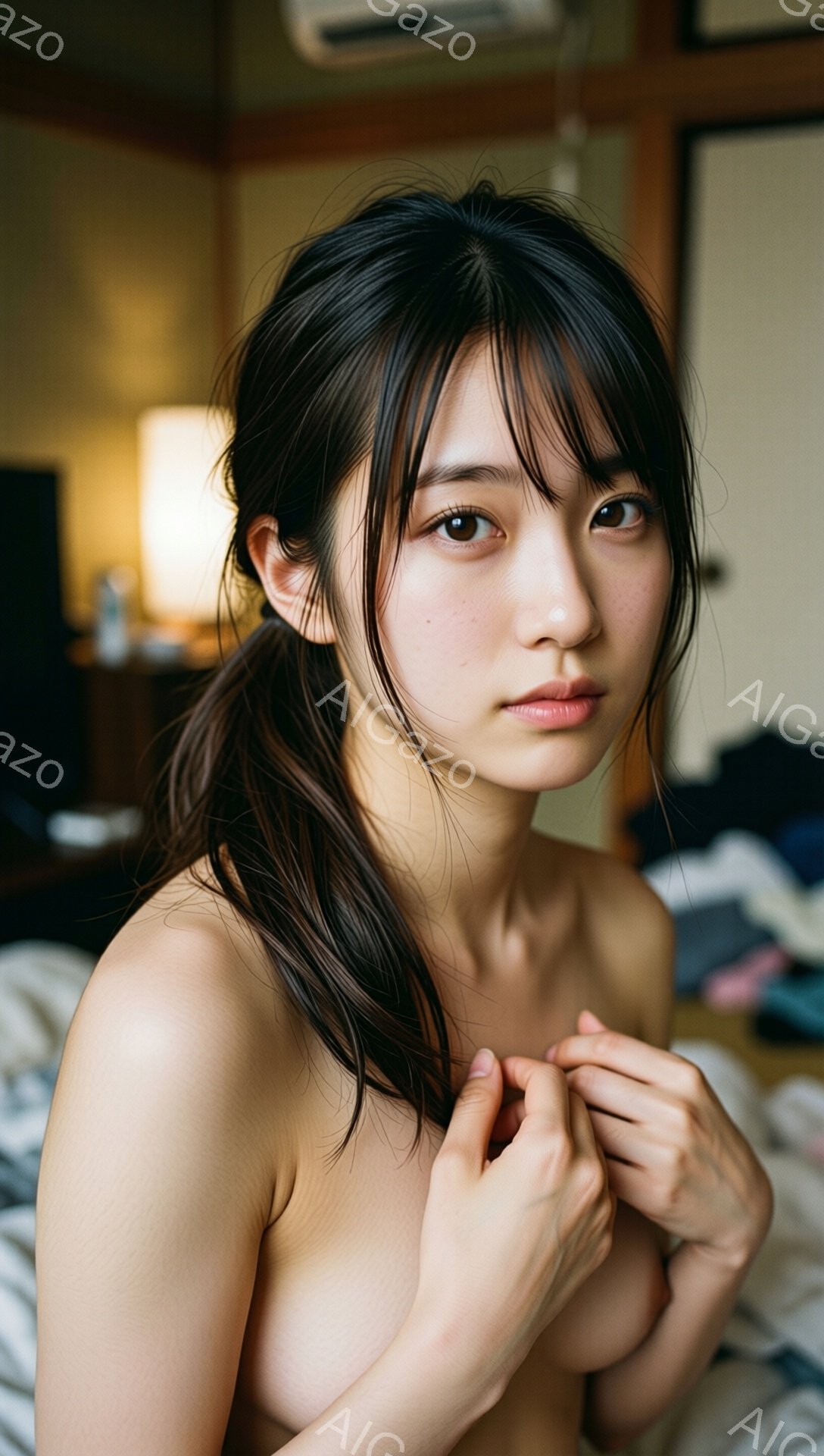 長い黒髪を後ろで一つにまとめた若い女性が、上半身を裸にしてベッドに座っています。彼女は控えめな表情で、両手を重ねて少し緊張した様子を見せています。背景にはぼやけた家具や壁が見え、室内は暖色系の照明で照らされています。