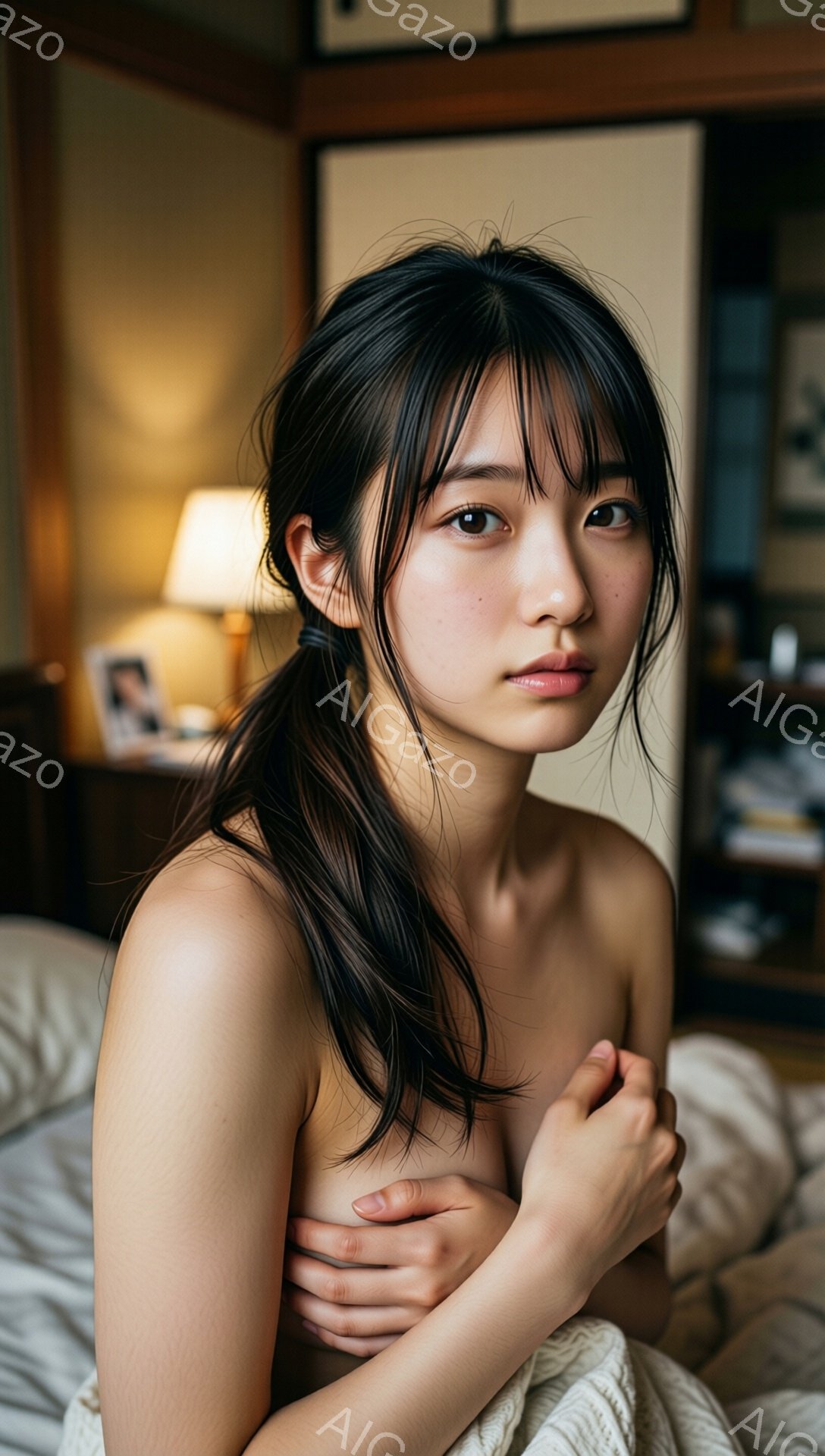 黒髪の女性が、白い毛布に包まれながら、腕を組んでカメラを見つめている。彼女は口元を軽く閉じ、やや憂いを帯びた表情をしている。背景には木製の家具や間接照明が見え、室内は落ち着いた雰囲気を醸し出している。